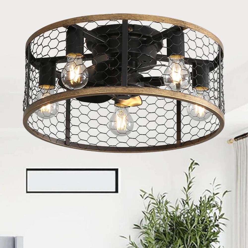 Oukaning 18-in 4-light Farmhouse Caged Hemp Rope Black Lampshade 