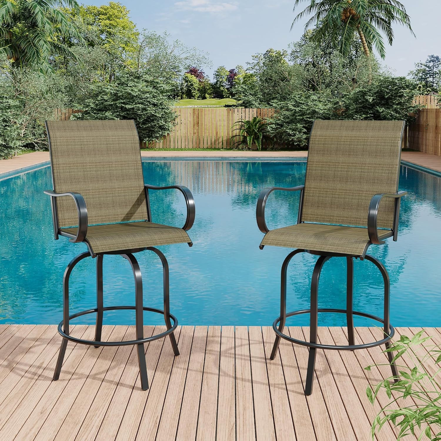 Garvee - Outdoor Swivel Bar Stools Set of 2 Bar Height Patio Chairs with High Back and Armrests ...
