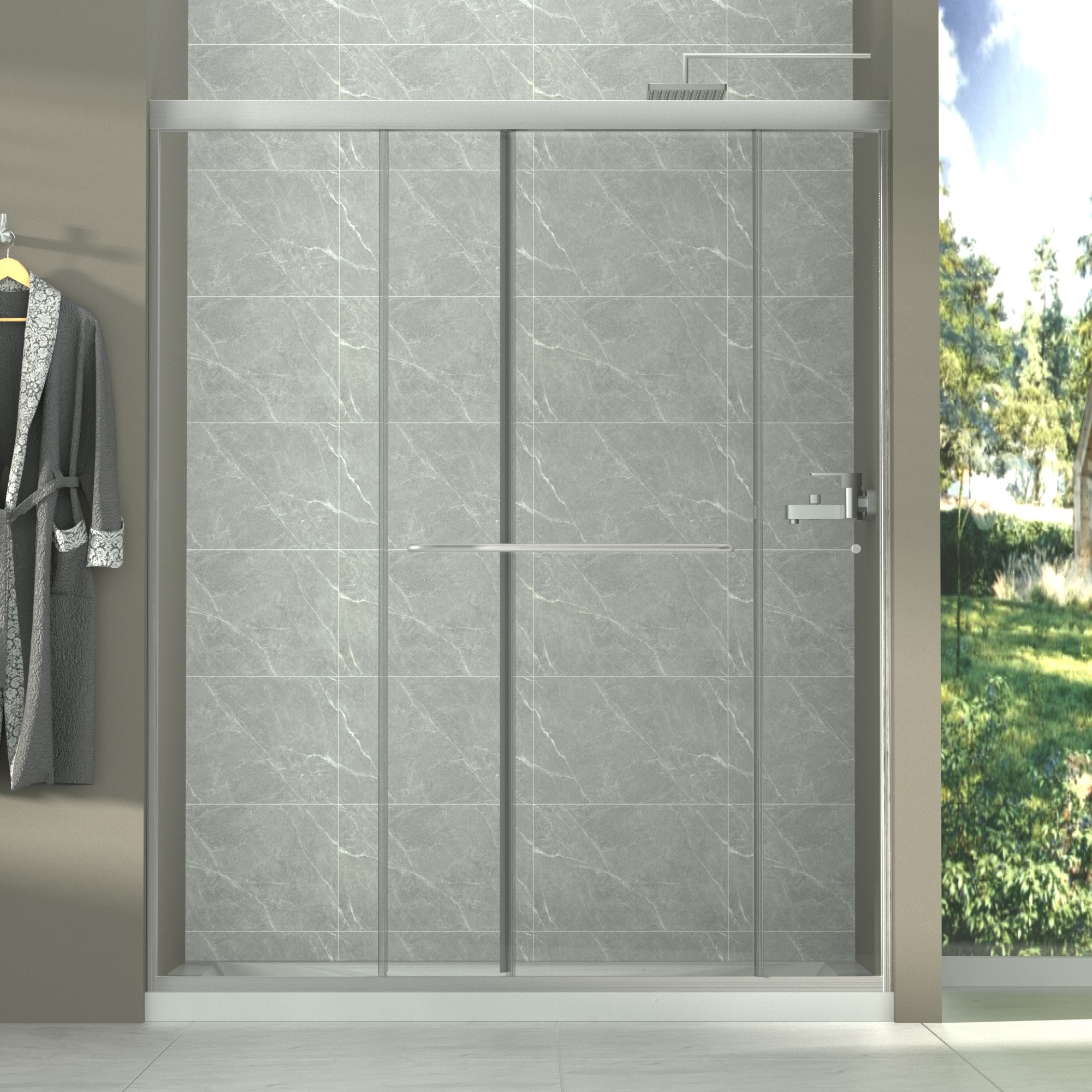 AAZJ NBC-CM64189ML V15 Track Sliding Shower Door Brushed Nickel 56-in to 60-in W x 72-in H Semi-frameless Sliding Shower Door 1/4-in Thick Clear Glass