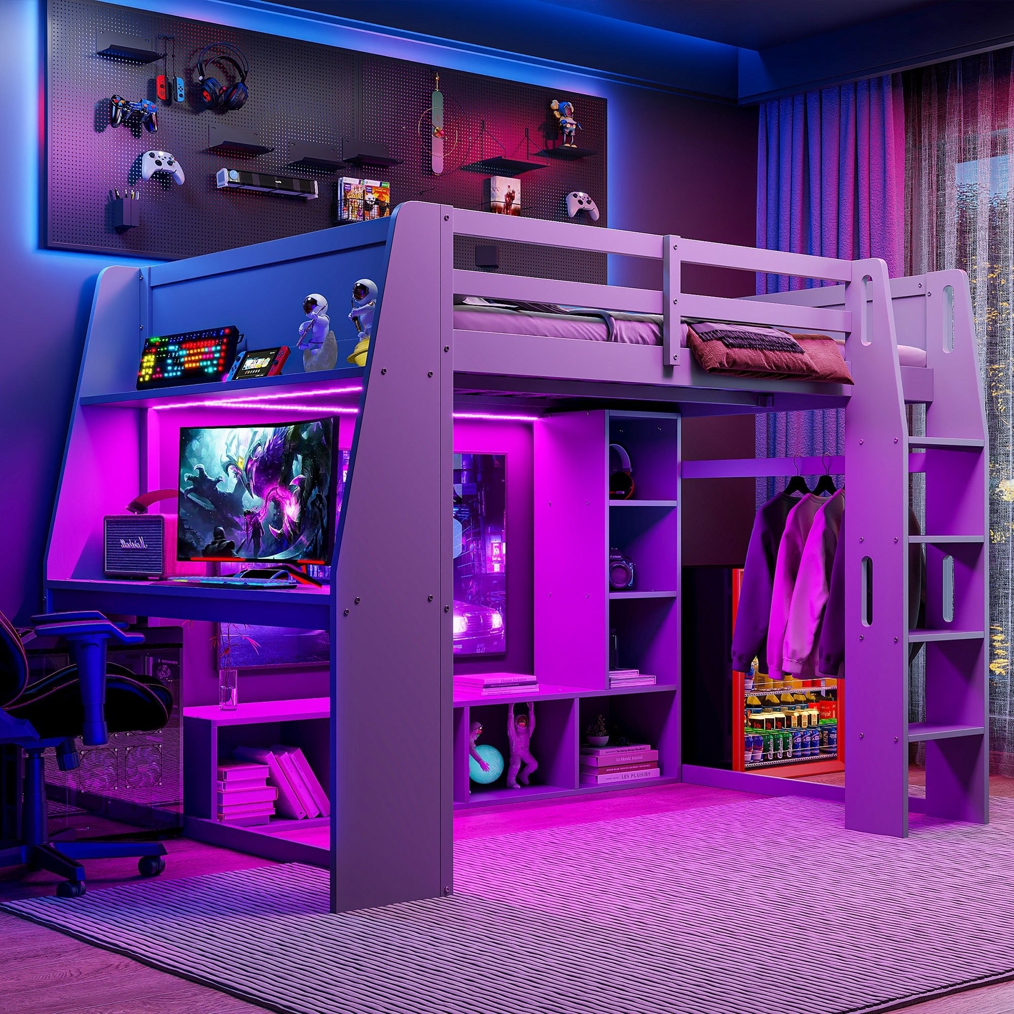 UOI Full Size Gray Wood Gaming Loft Bed with Desk  Multi-storage Shelves  LED and a Hanging Clothes Rack