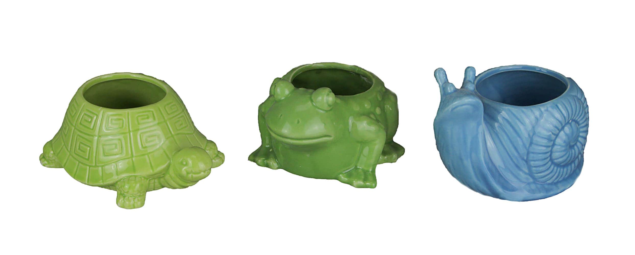 Zeckos TP-A3634-SET Set of 3 Garden Critters Turtle Frog and Snail Dolomite Ceramic Mini Planters