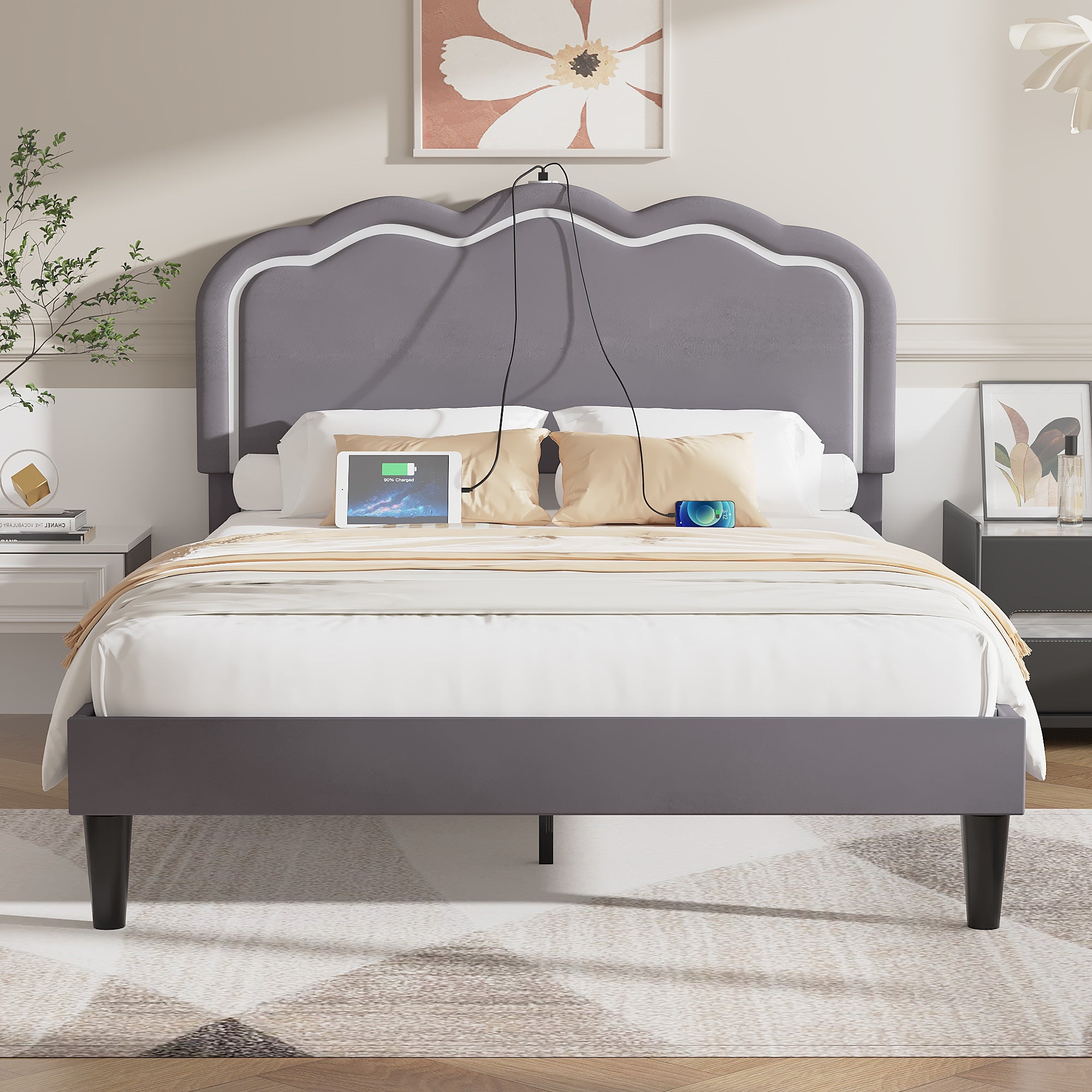 Vecelo LOE-FB10-GRY LED Upholstered Full Bed Frame with Headboard Adjustable USB and Type C Noise Free Dark Gray
