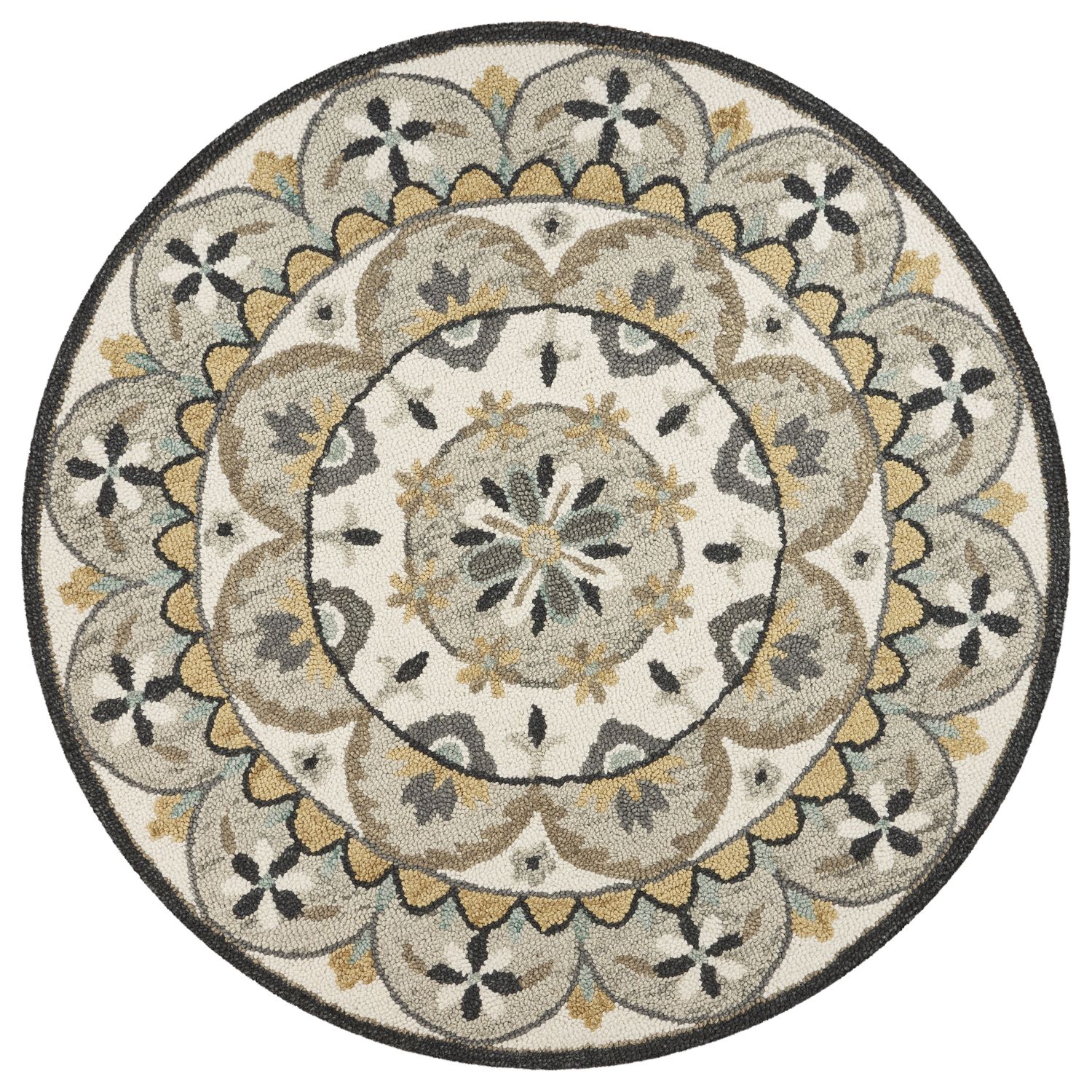 LR Home DAZZL54100IGY60RD The dark bordering on this piece is also a beautiful transition from rug to hardwood or carpeting. The color combination, especially with the soft yellow, is an easy match for a variety of spaces.