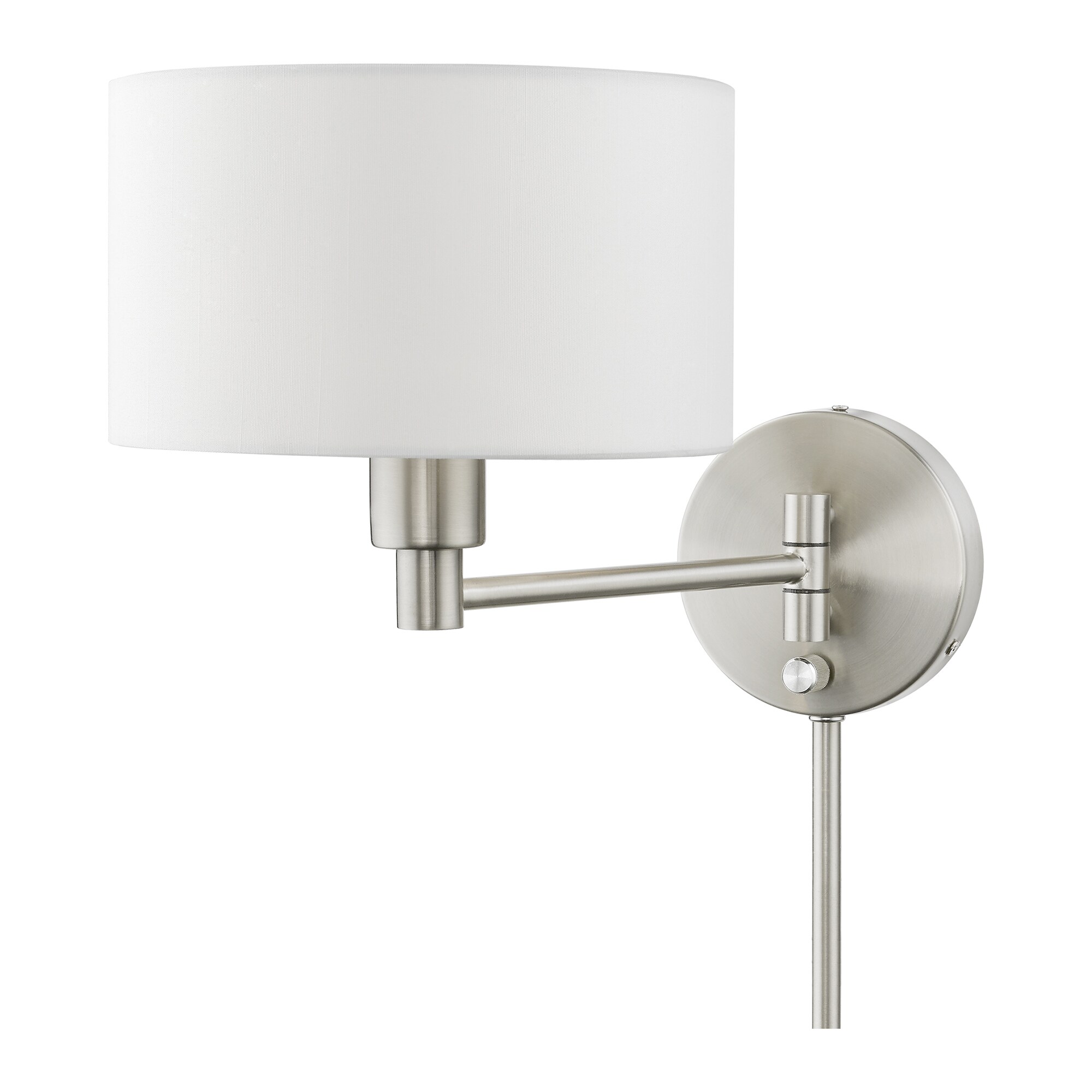 Transitional Brushed Nickel Swing Arm Wall Lamp with Off-White Shade