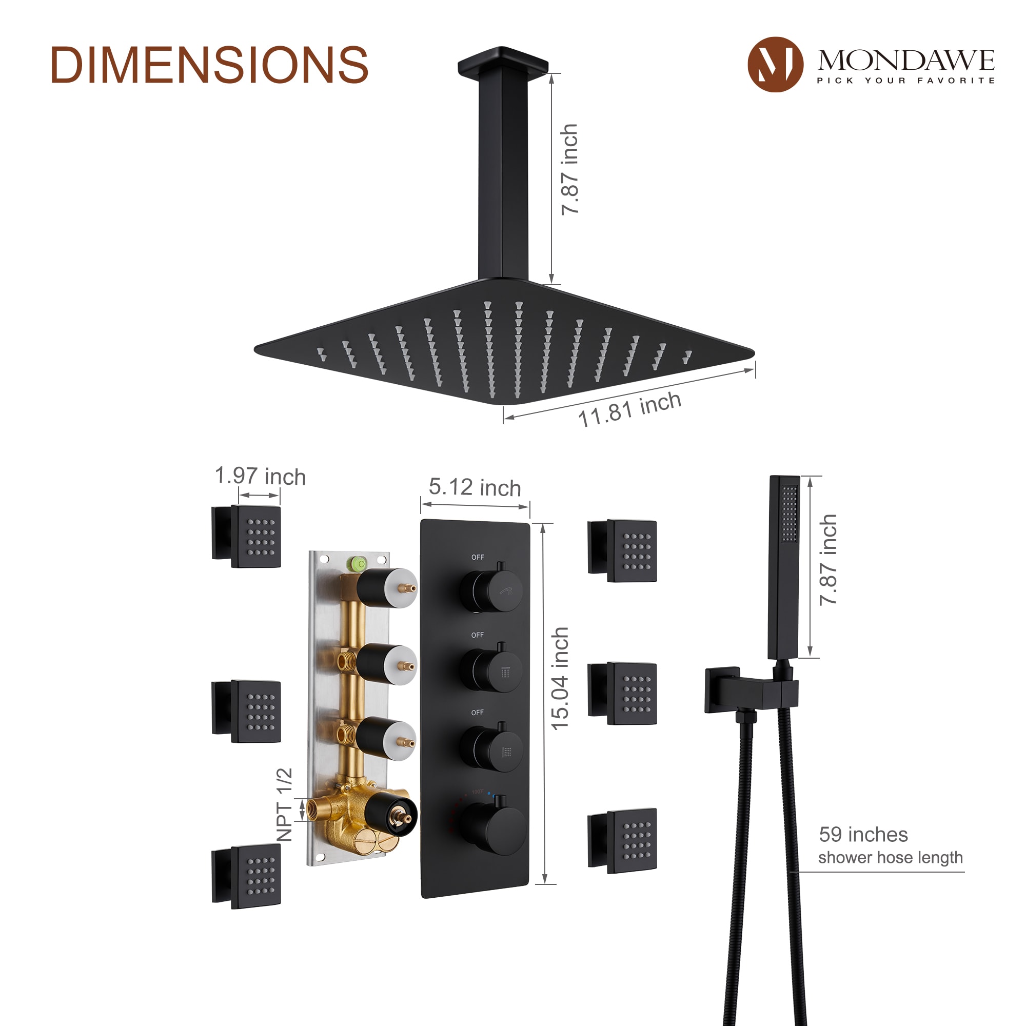 Mondawe WF6310-12BL Showerhead-Bar-Panels - View #10