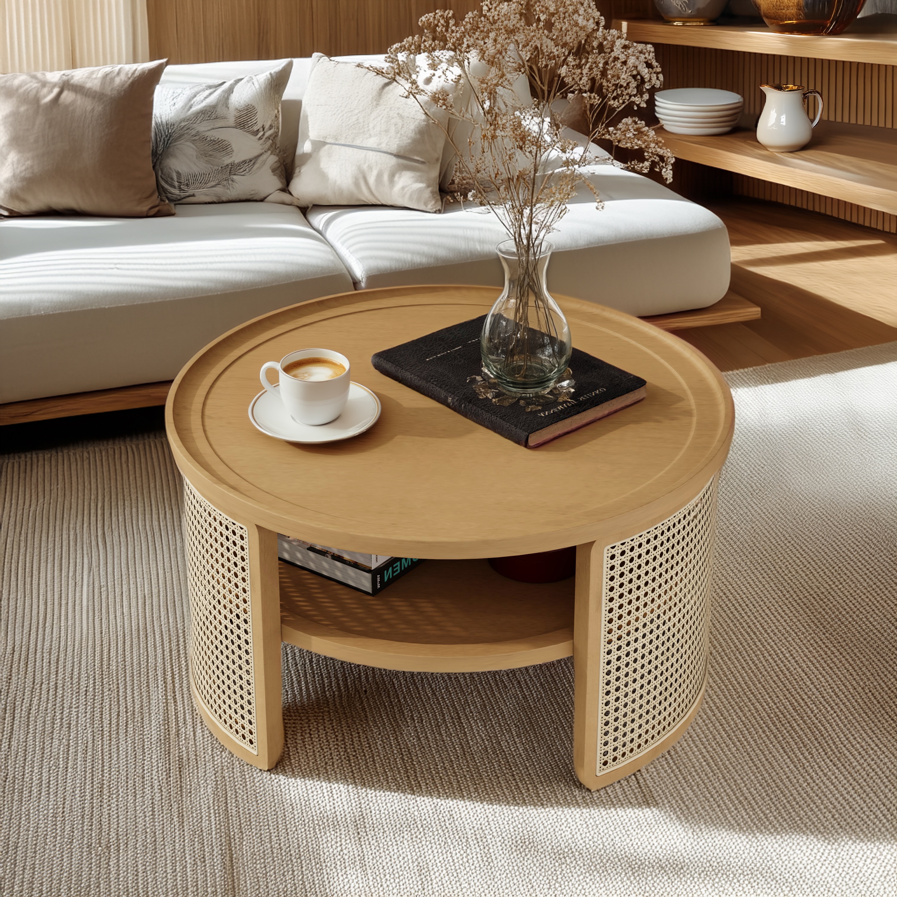 ModernLuxe L3P-N735P185131N 2Tiered Round Natural Wood Coffee Table with Storage Rattan Base in 31.3inch