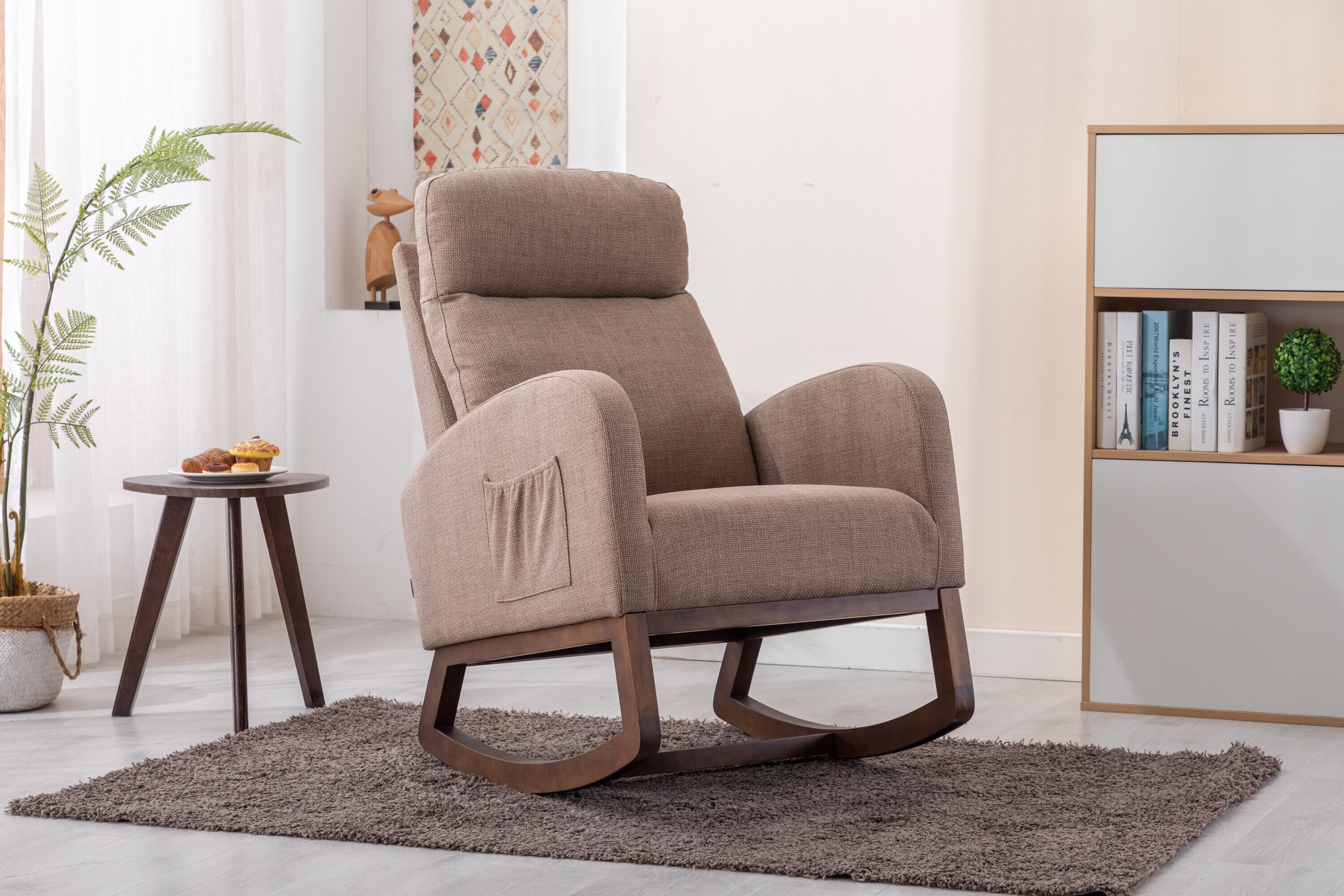 LOVMOR SF-M-W39594818 Rocking Chair Modern Glider Chair Recliner Armchair with Wood Legs and Side Pocket Nursery Rocking Accent Chair with High Back for Living Room Bedroom Camel linen