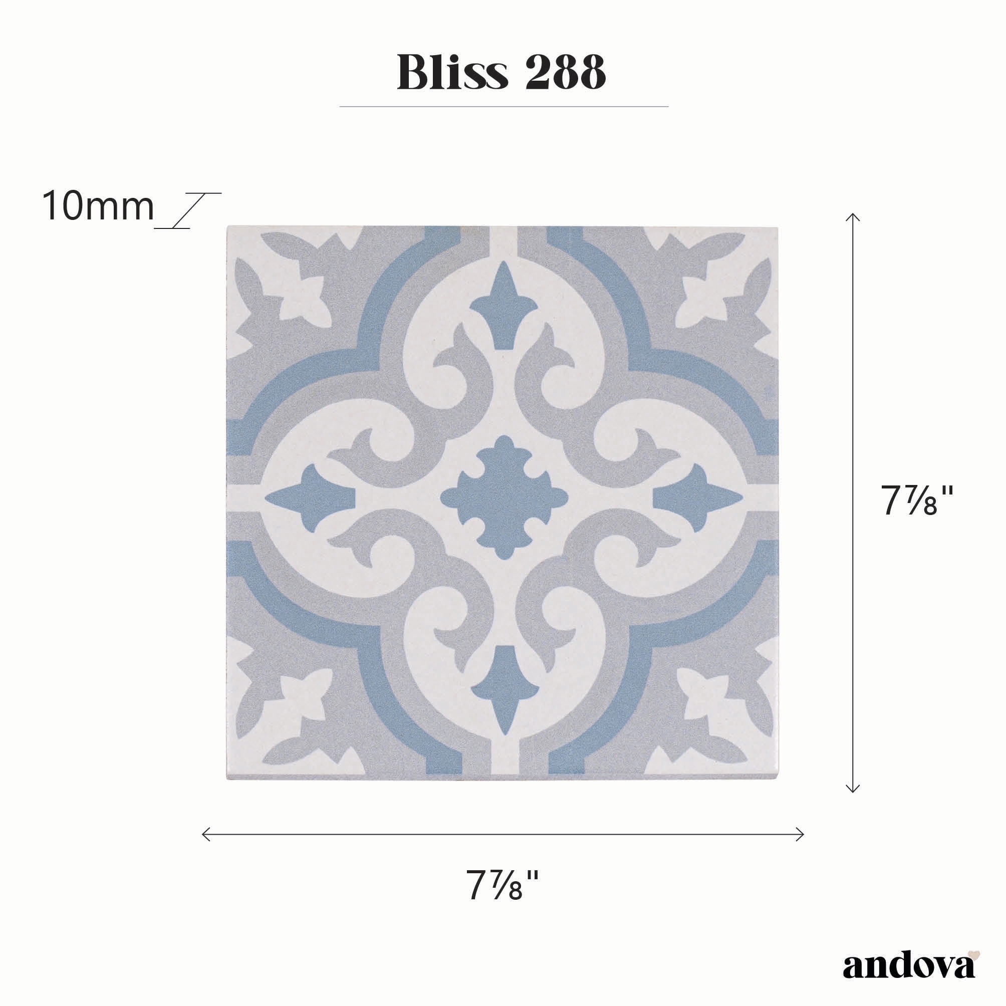 Bliss 8" Gray and Blue Porcelain Moroccan Tile