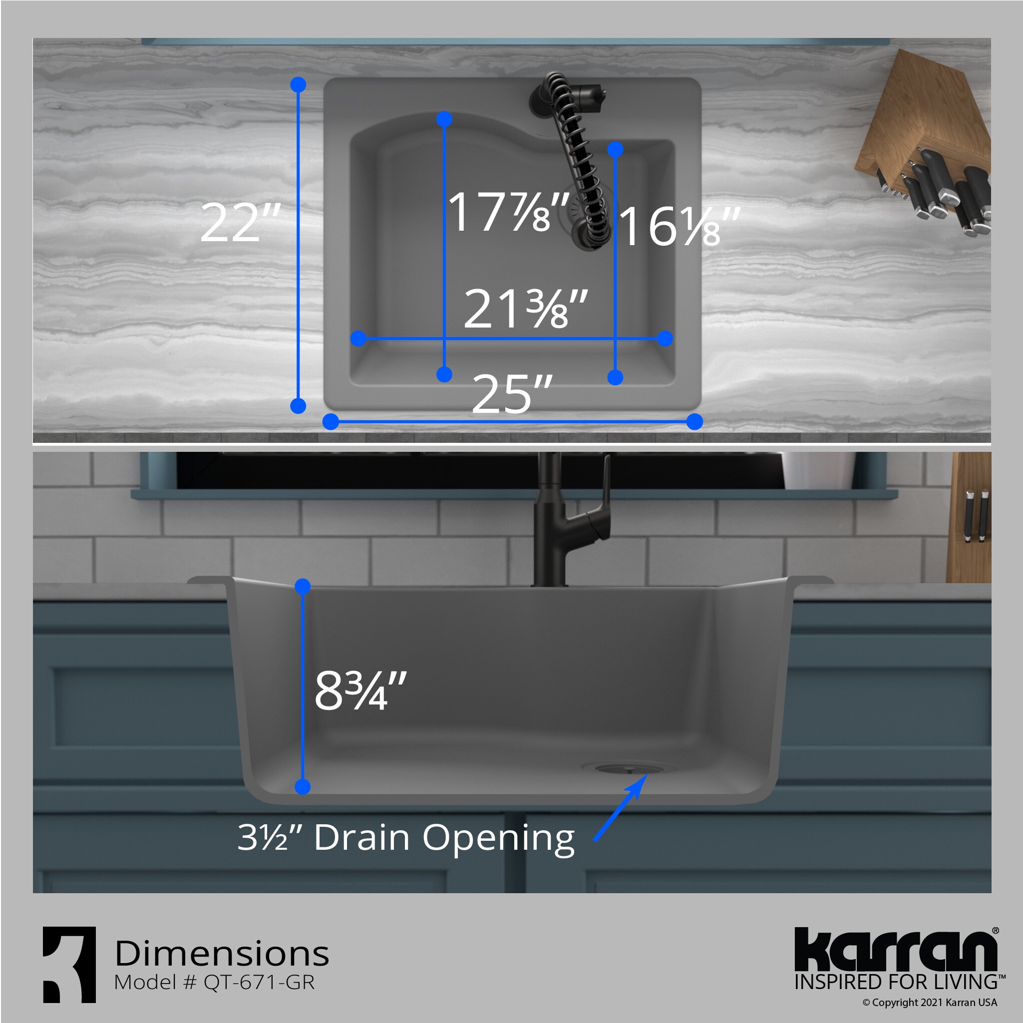 Gray Quartz Composite Single Bowl Drop-In Kitchen Sink