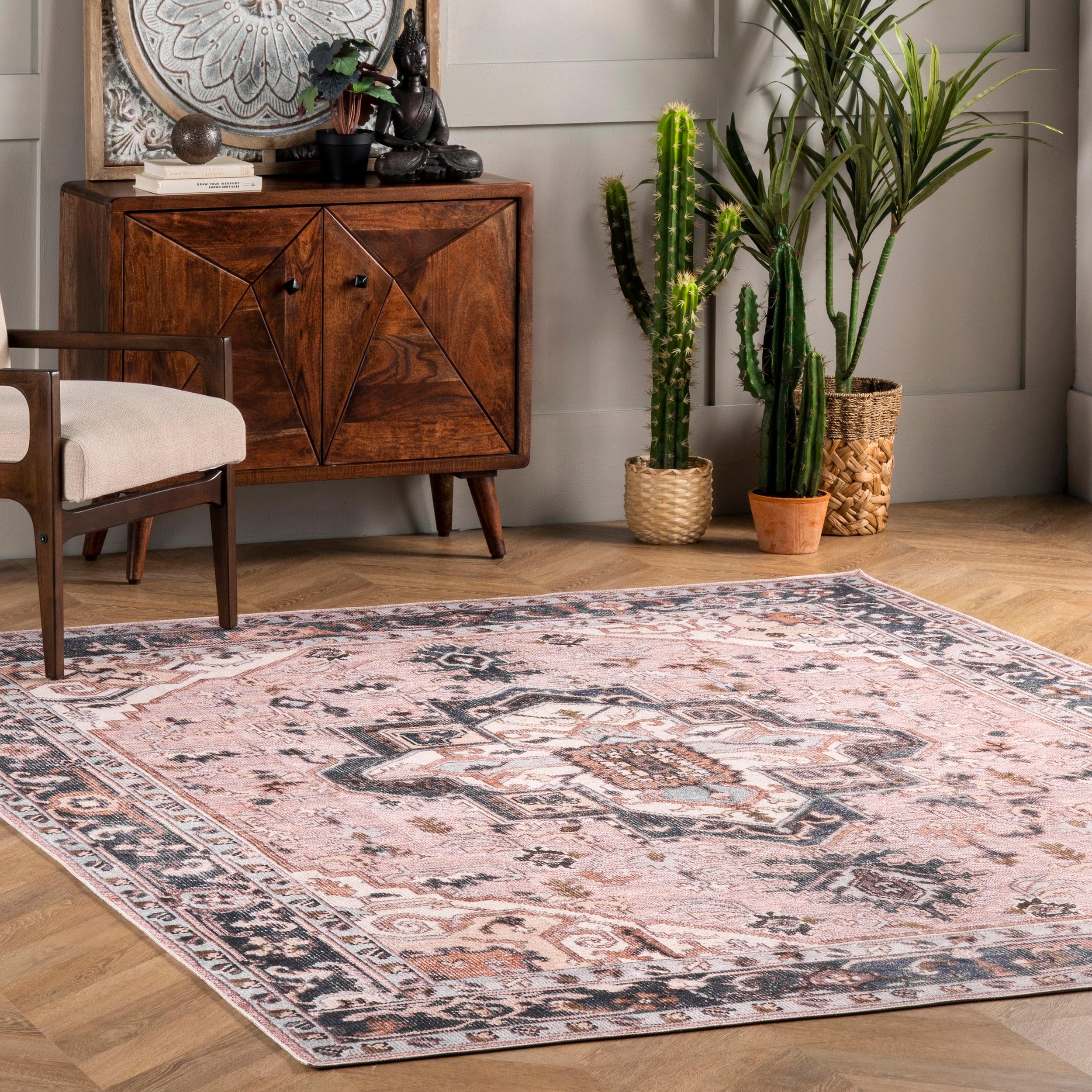 Gray and Pink Square Synthetic Medallion Area Rug, 6'