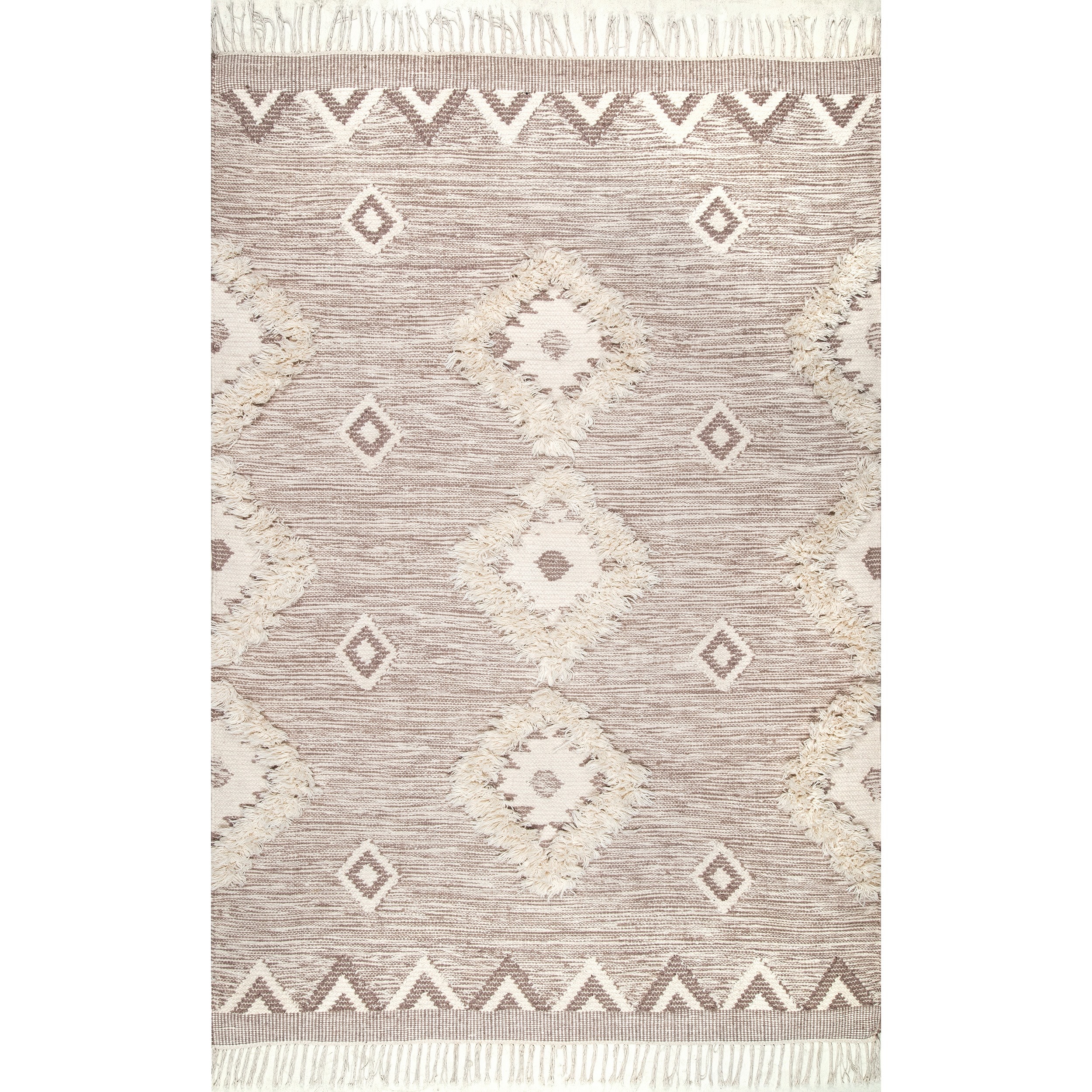 Beige Geometric Wool Shag Square Area Rug with Tassels