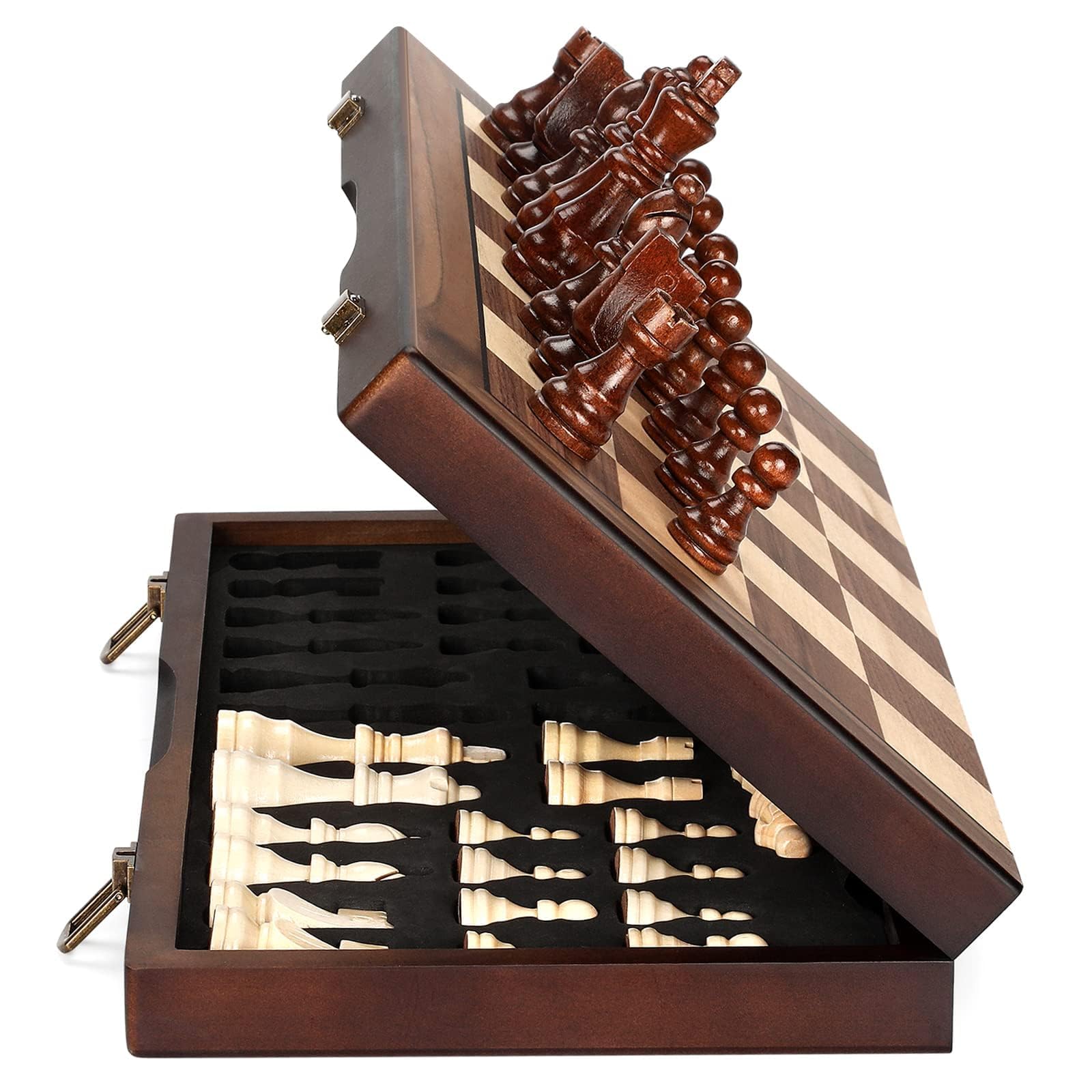 Afoxsos 1 Set 15 x 15 Inch Wooden Chess Set with Handmade Magnetic Pieces Folding Board Portable Travel Game for Kids Adults Tournament Beginners
