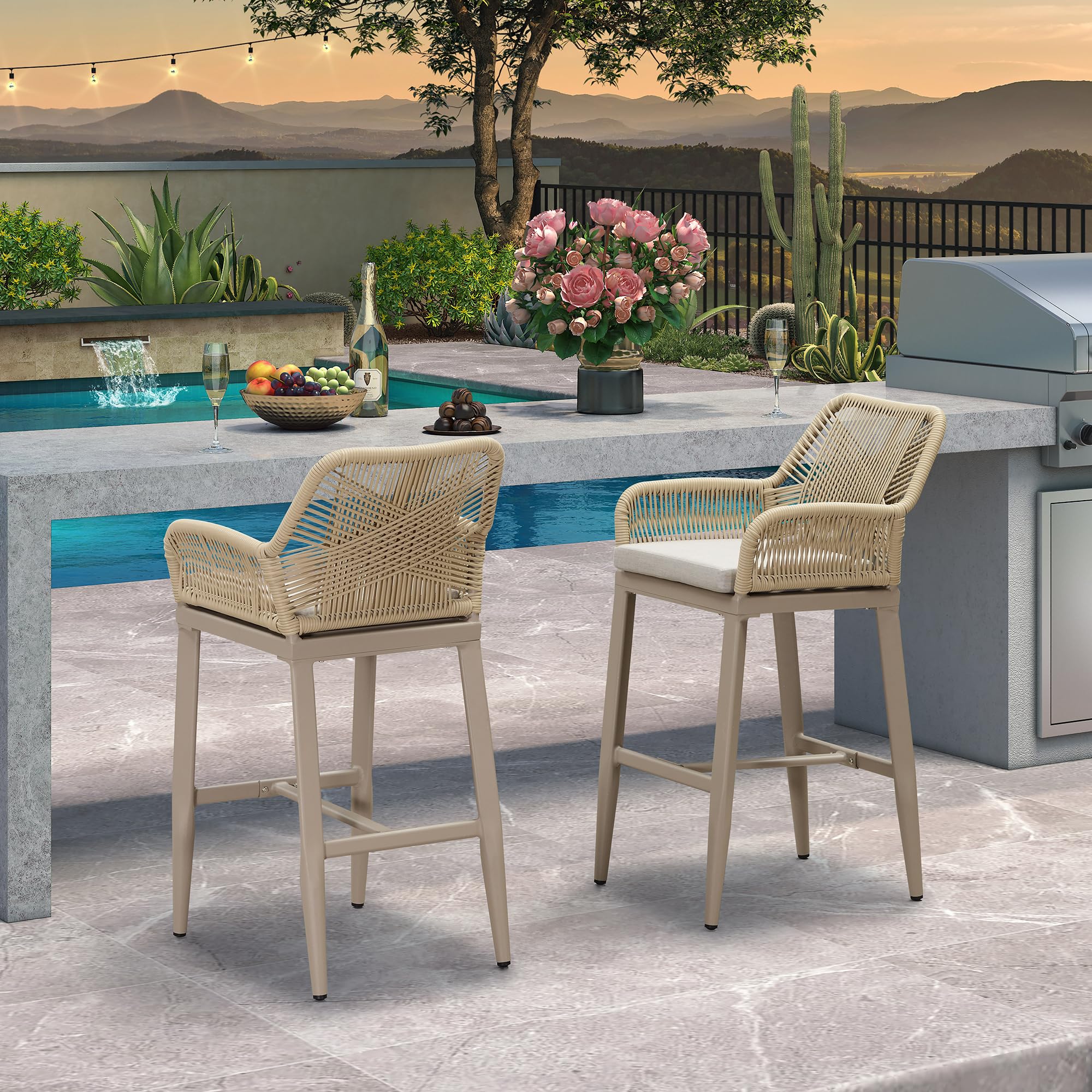 PURPLE LEAF LS04-SX-GB02-WT 2 -Set Champagne 28.54-in H Bar height Square seat Upholstered Metal Bar Stool with Arms and Back