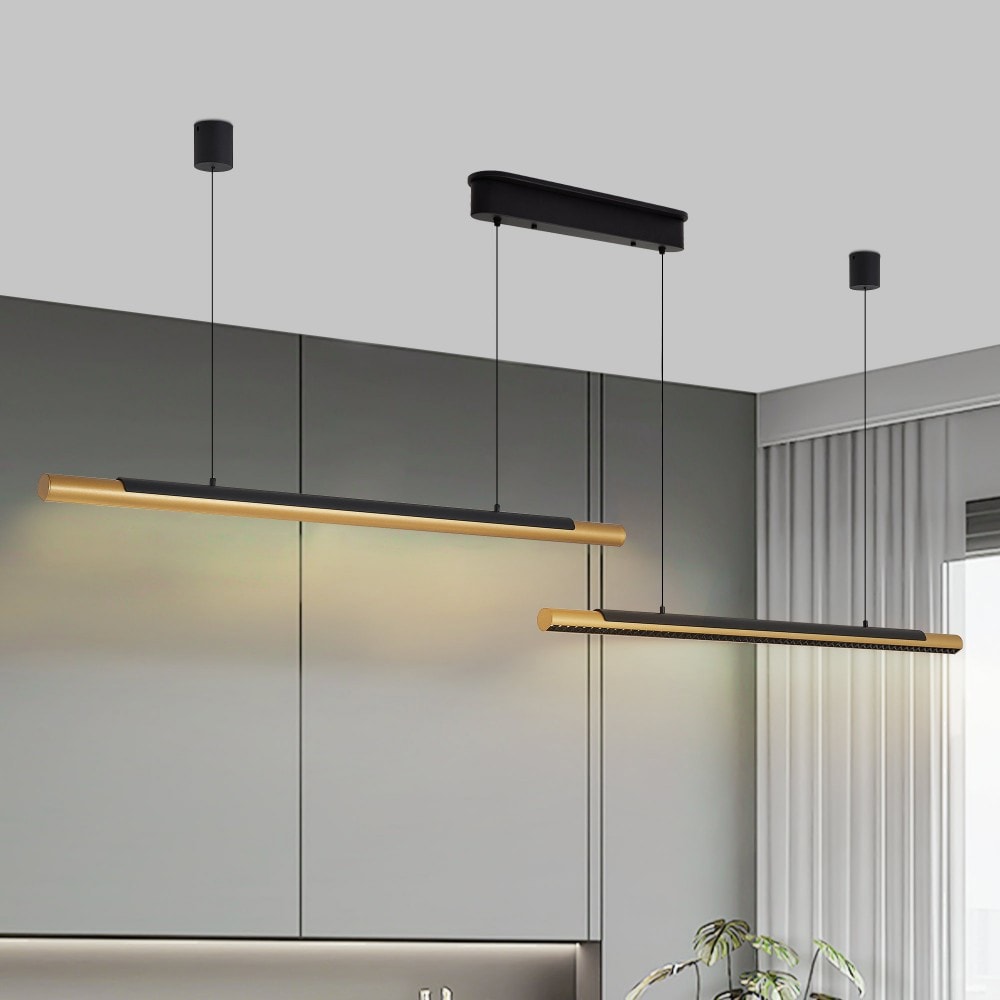 Basdien 74 in Black Gold Modern LED Pendant Light Adjustable Hanging Light for Dining Room Kitchen Living Room Sleek Dual Tube Design Iron Aluminium Construction LED 3000K 6500K Color Temp Remote Dimmable Hard Wired Ceiling Mount Energy Saving