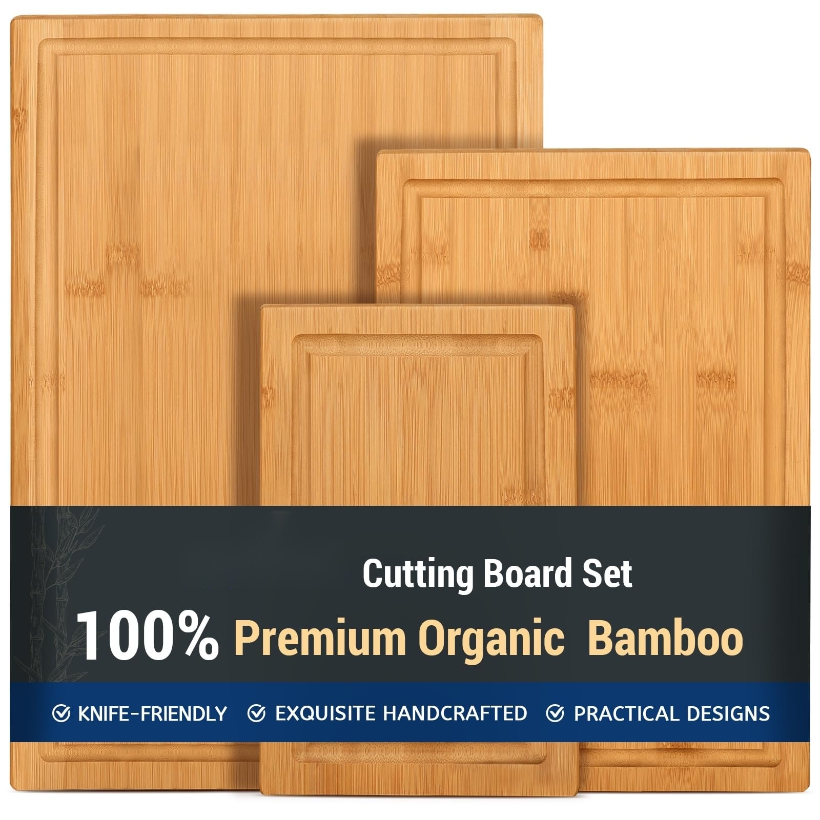 Etokfoks  3 Piece Natural Bamboo Cutting Board Set Wood Kitchen Cutting Boards with Juice Groove Knife Friendly Surface