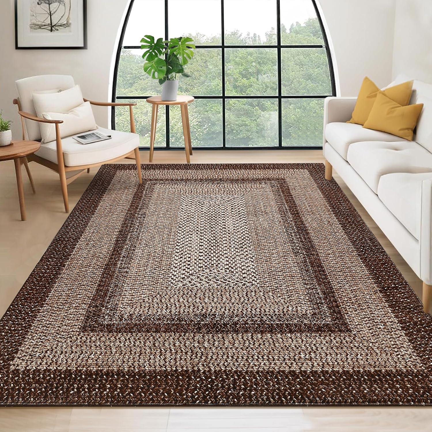 Idealhouse 9x12 Living Room Rug Large Washable Rug Non Slip Boho Accent Carpet Indoor Throw Floor Cover Farmhouse Rustic Area Rug Bohemian Border Carpet for Bedroom Home Decor Brown