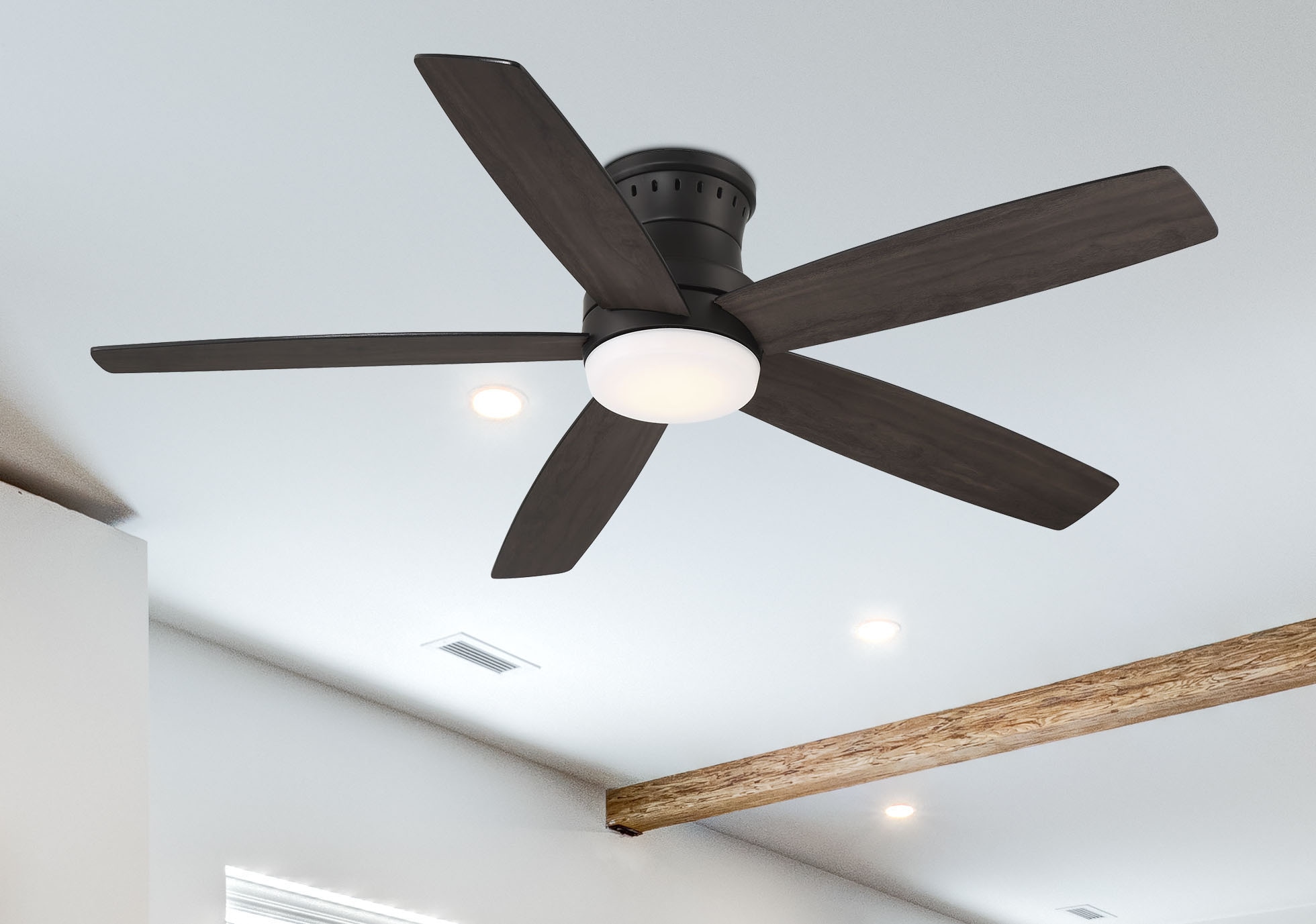 Lewind 52-in Matte black Color-changing Indoor/Outdoor Flush Mount Ceiling Fan with Light and Remote (5-Blade) Walnut | - Harbor Breeze AR24H-52MBK