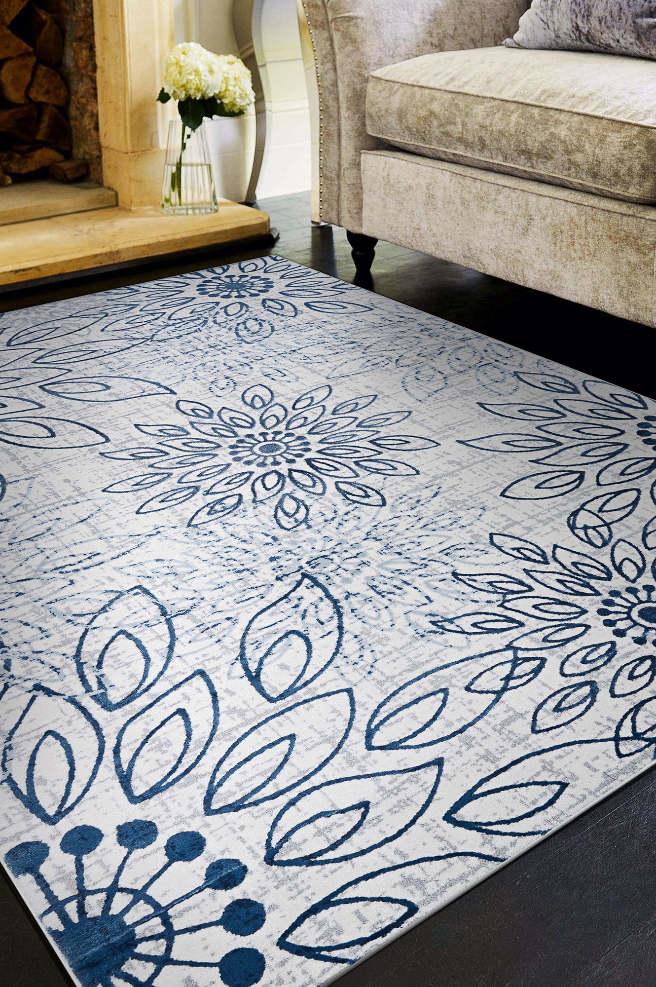 Couristan 51750758033053T Calinda 3 x 5 (ft) Polypropylene Steel Blue-Ivory Rectangular Indoor Floral/Botanical Area rug