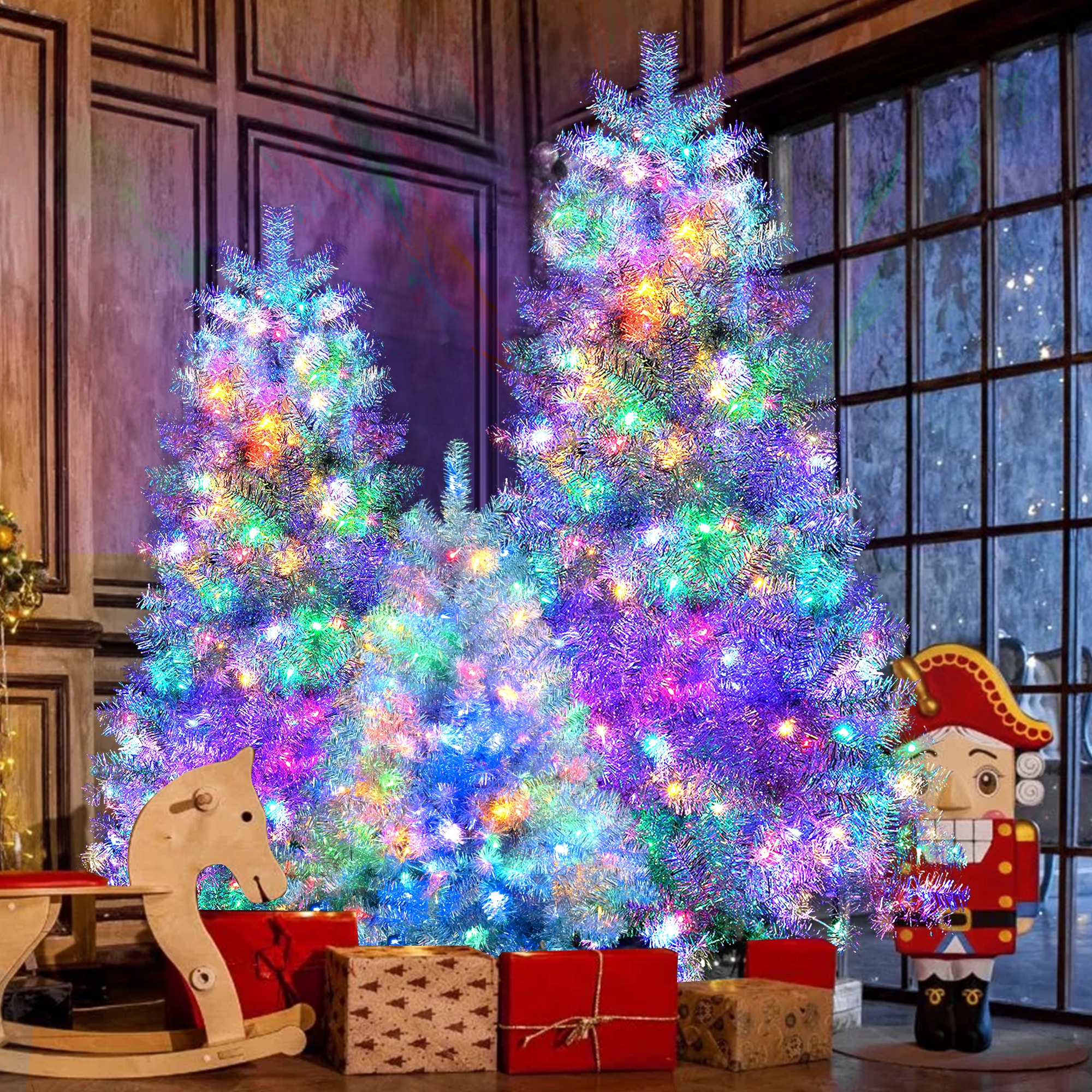 ModernLuxe L3P-N704P199514N 7.4FT 6FT 4FT Silver Prelit Artificial Hinged Christmas Tree Set Holiday Spruce Xmas Tree with 2400 Branch Tips 850 LED Lights 11 Lighting Modes Holiday Decoration for Home OfficeSchool