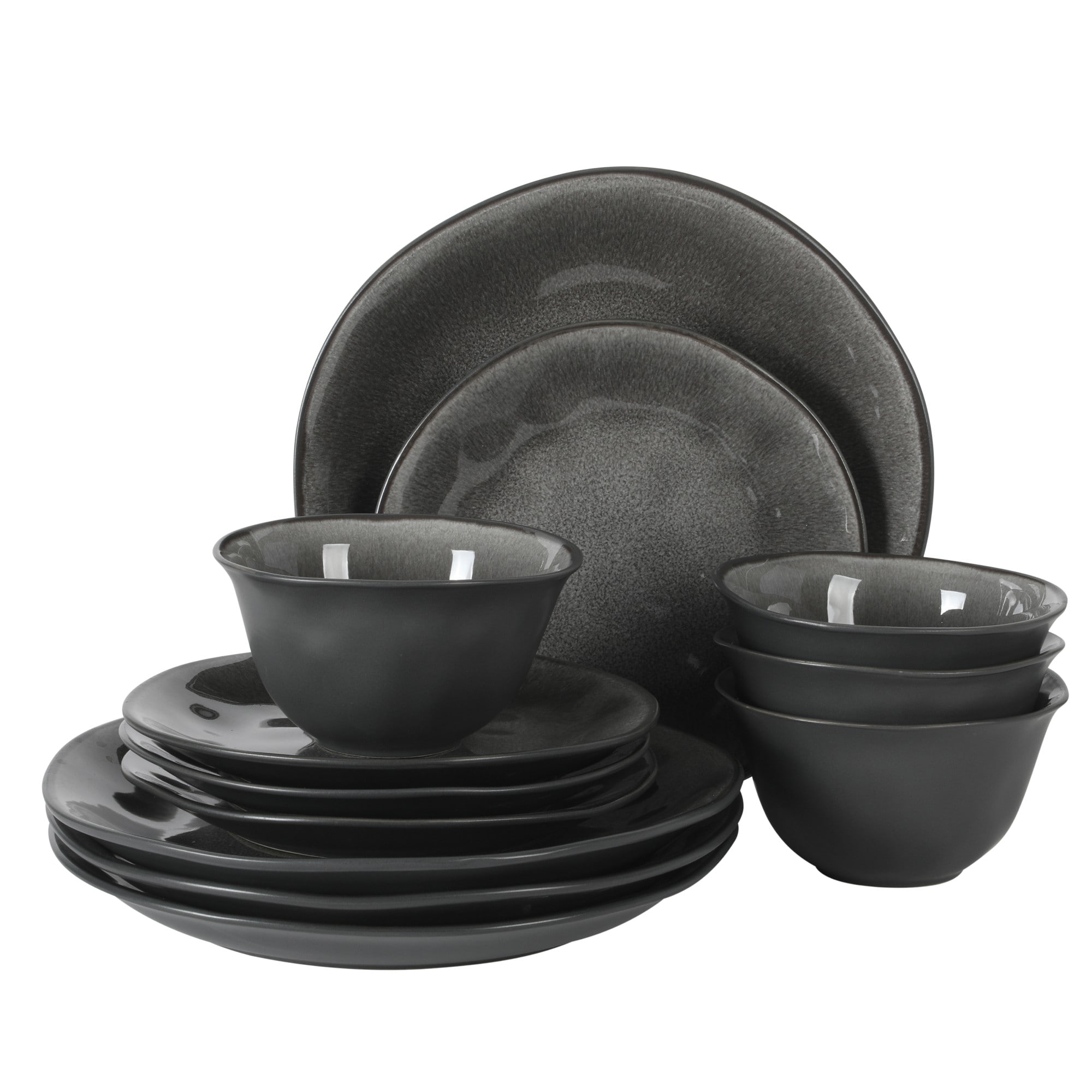 Gibson Elite  Port Barton 12 Piece Stoneware Reactive Plates and Bowls Set Black