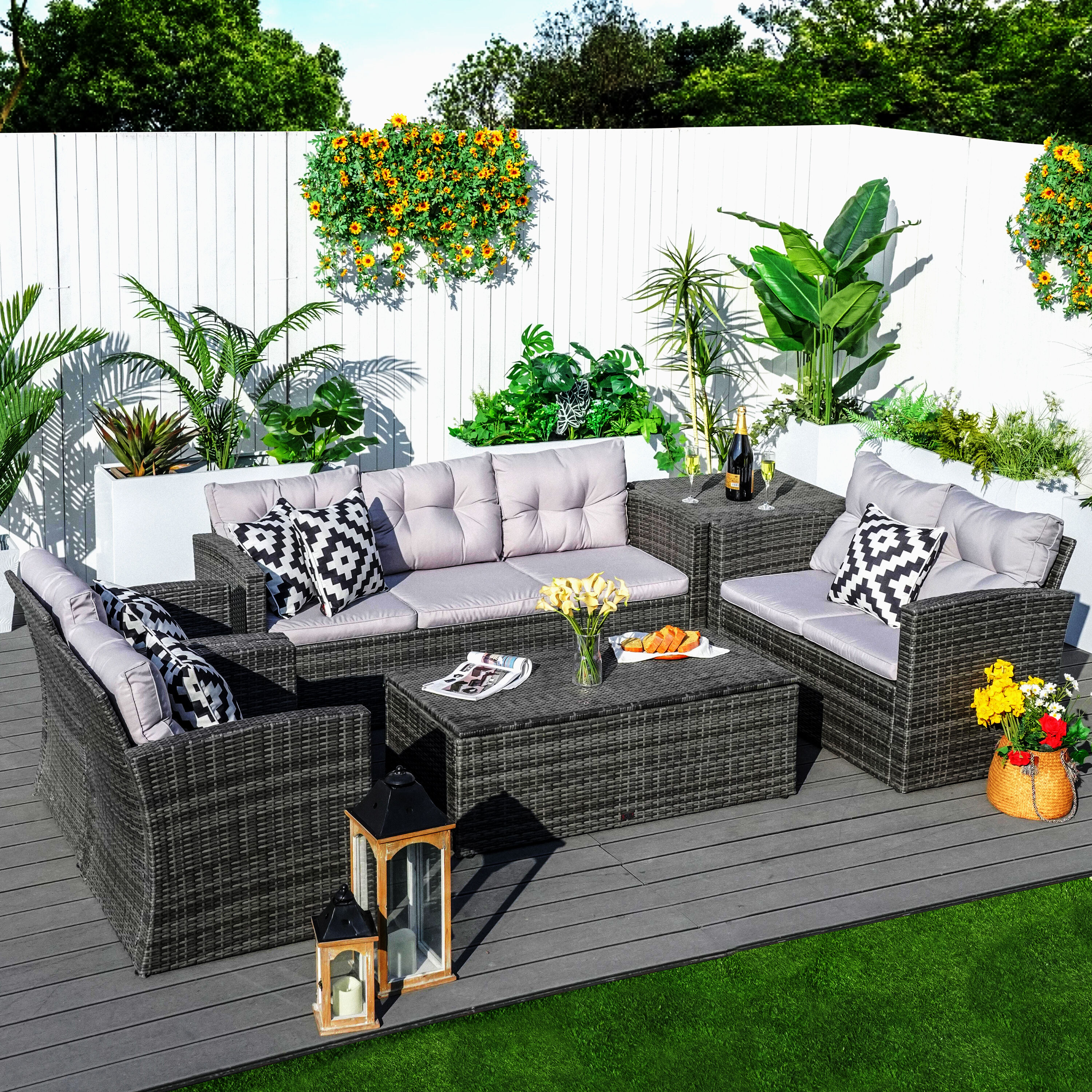 Moda Furnishings MOS-1503-G 6 -Piece Wicker Patio Sofa Conversation Set with Gray Cushions