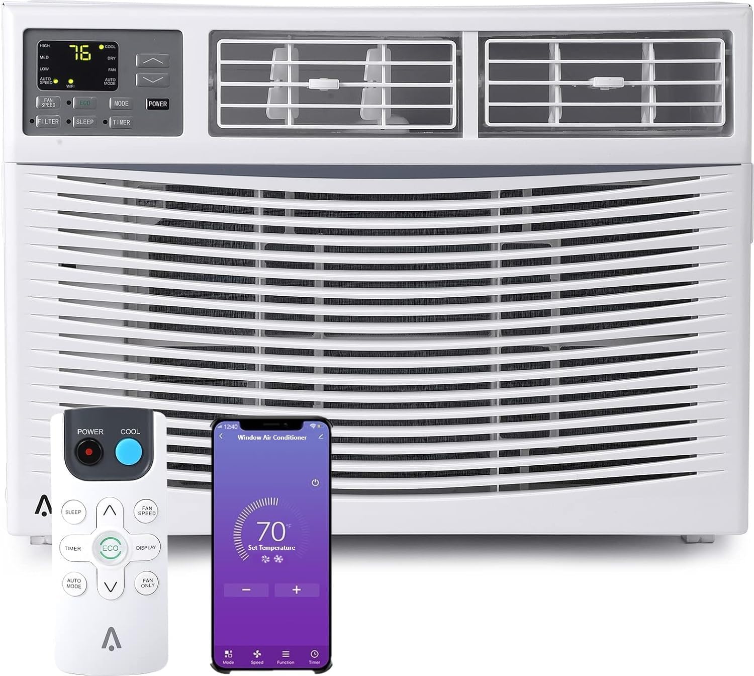 IdealHouse 10000 BTU Smart Window Air Conditioner With Remote App Control Quiet Unit Dehumidifier ECO Sleep Mode 110-115V Easy Install Covers 450 Sq Ft For Room Use