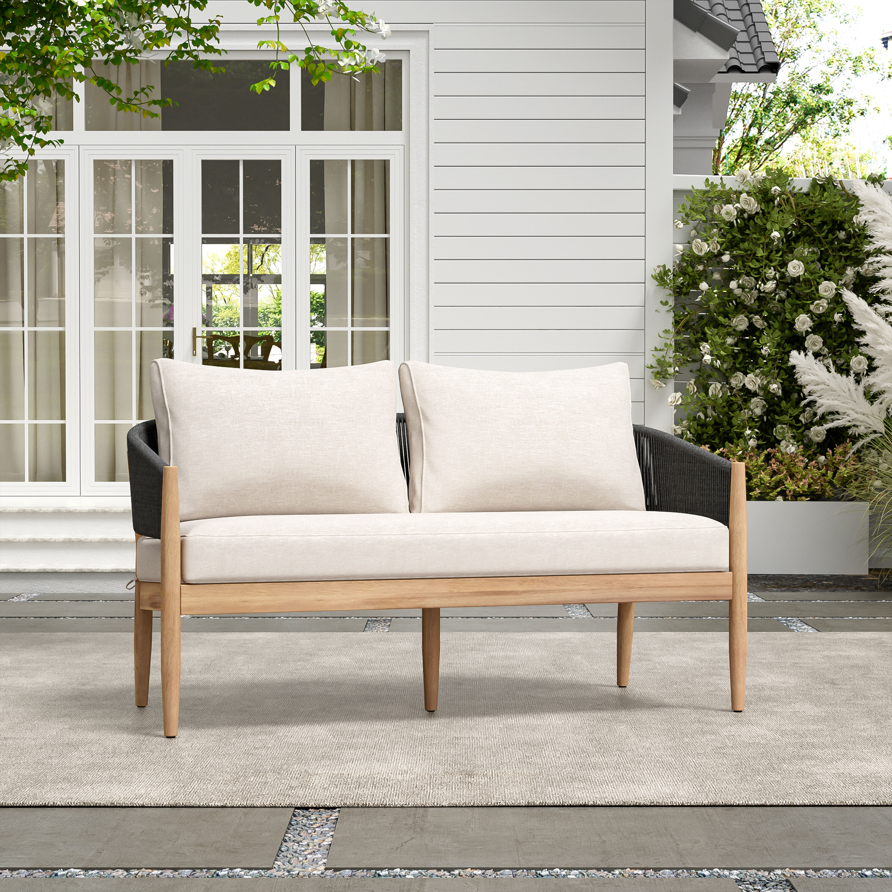 Christopher Knight Home Verona Outdoor Acacia Wood Patio Loveseat with Handwoven Rope Backrest and Cushioned Seating Beige Black Natural