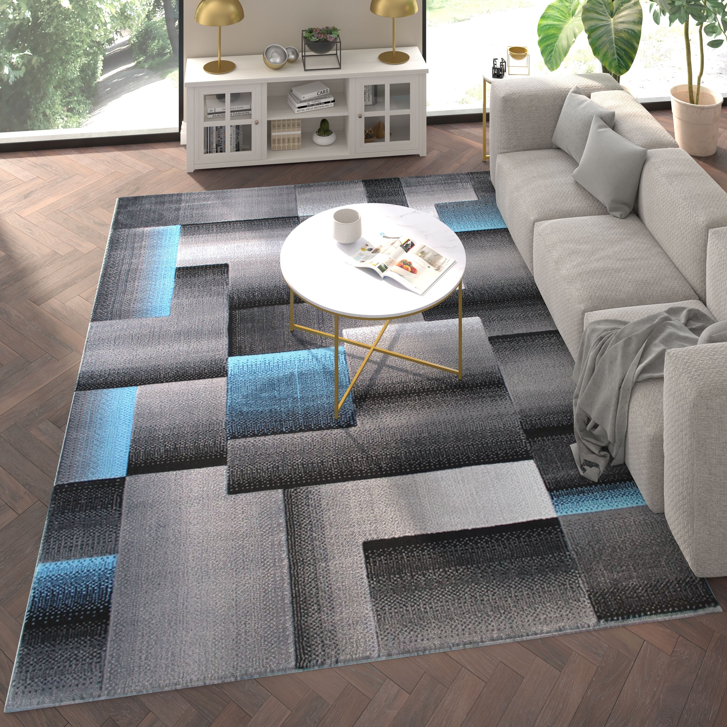 Emma + Oliver 840196368023 Malaga 8x10 Modern Cubist Olefin Accent Rug in Gradient Shades of Black; Gray and Blue with Natural Jute Backing