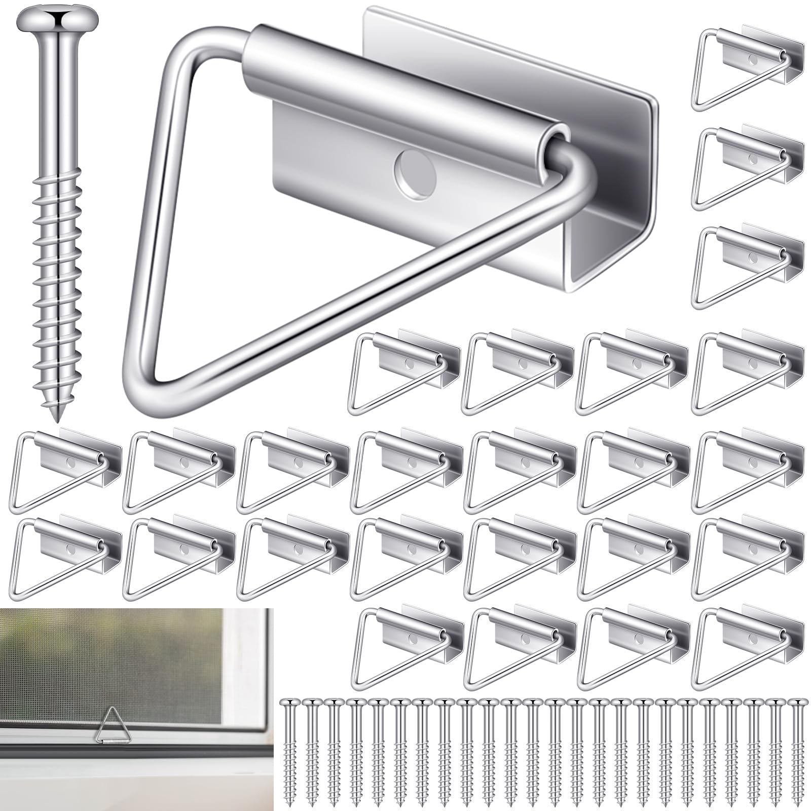 Phyfalip  25 Pack Seven Sixteenths Inch Window Screen Bottom Latches with Ball Head Screws Mill Finish Aluminum and Steel Clips for Wood Windows