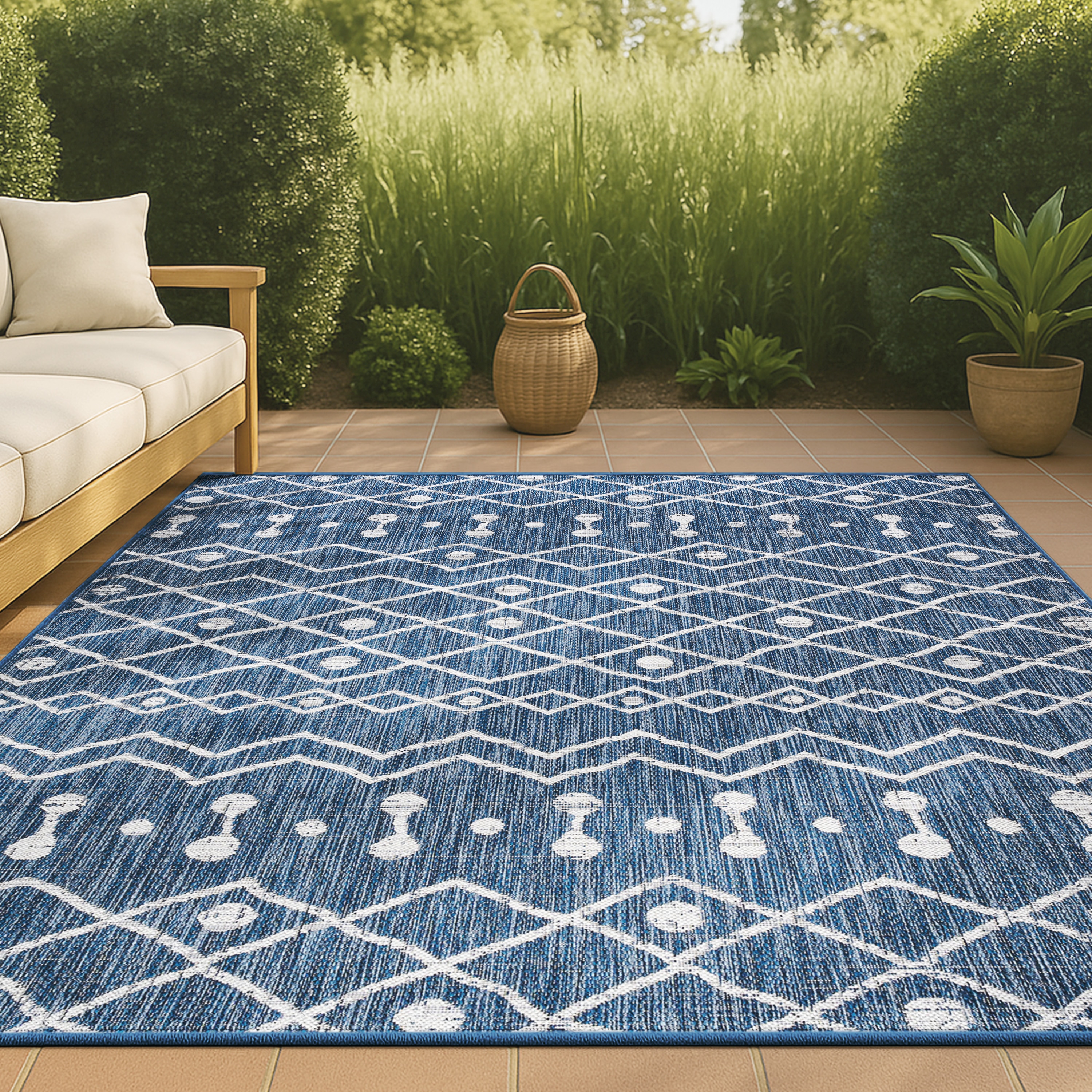 JONATHAN  Y SMB131C-3 Santa Monica Nokat Tribal 3 x 5 (ft) Loomed Polypropylene Blue/Ivory Rectangular Indoor/Outdoor Trellis Bohemian/Eclectic Area rug