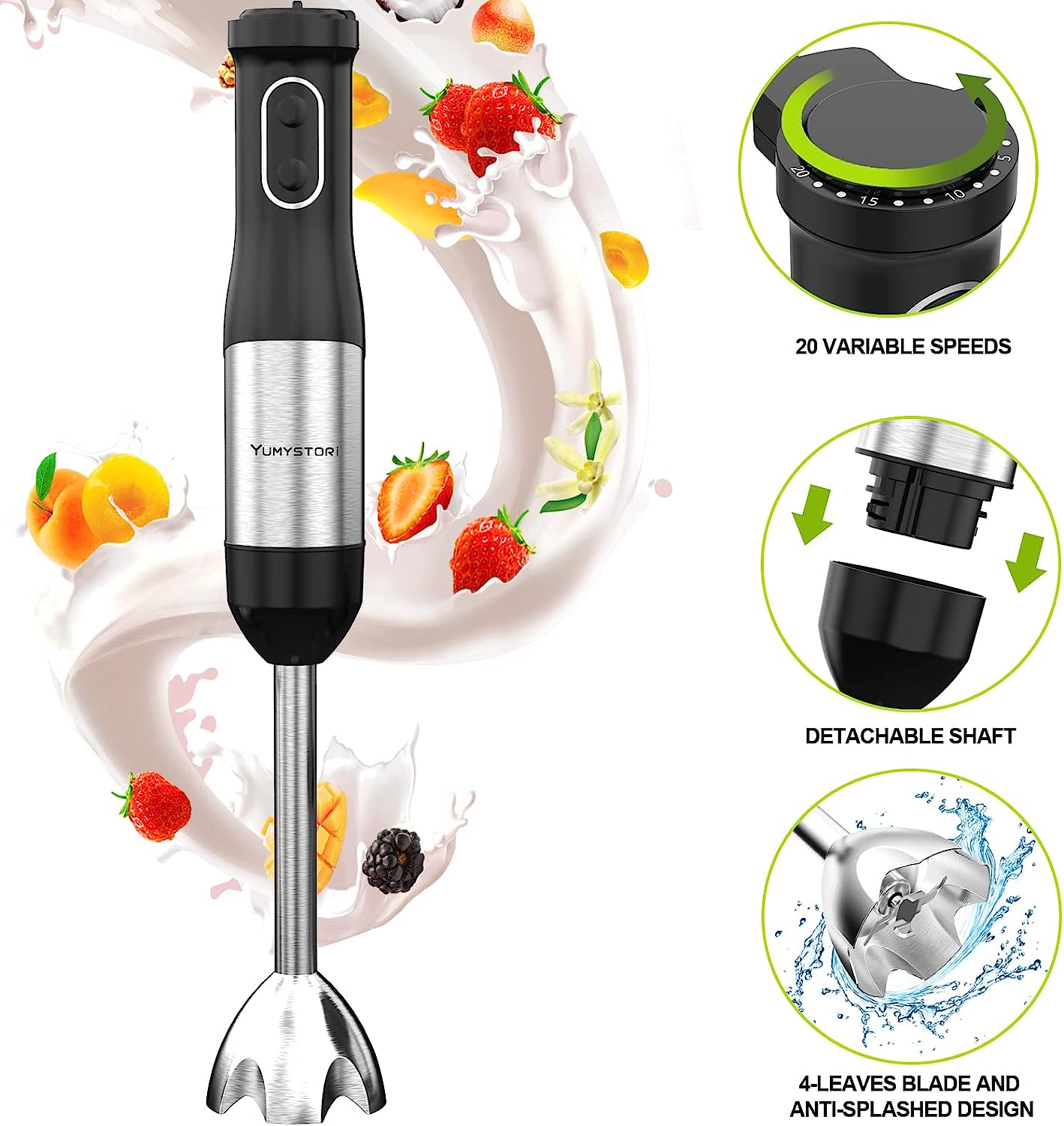 Electric Immersion Hand Blender(Black),Mixer,Chopper,Powerful 180 Watt Ice  Crushing 2-Speed Control One Hand Mixer,Removable Blending Stick For Easy C
