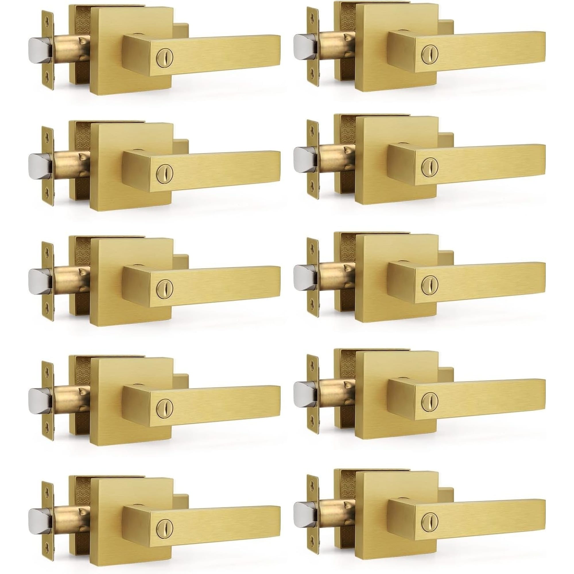 Angel Sar 10 Pcs Heavy Duty Gold Square Privacy Interior Door Levers Satin Brass Finish Keyless Bed Bath Lockset for Home