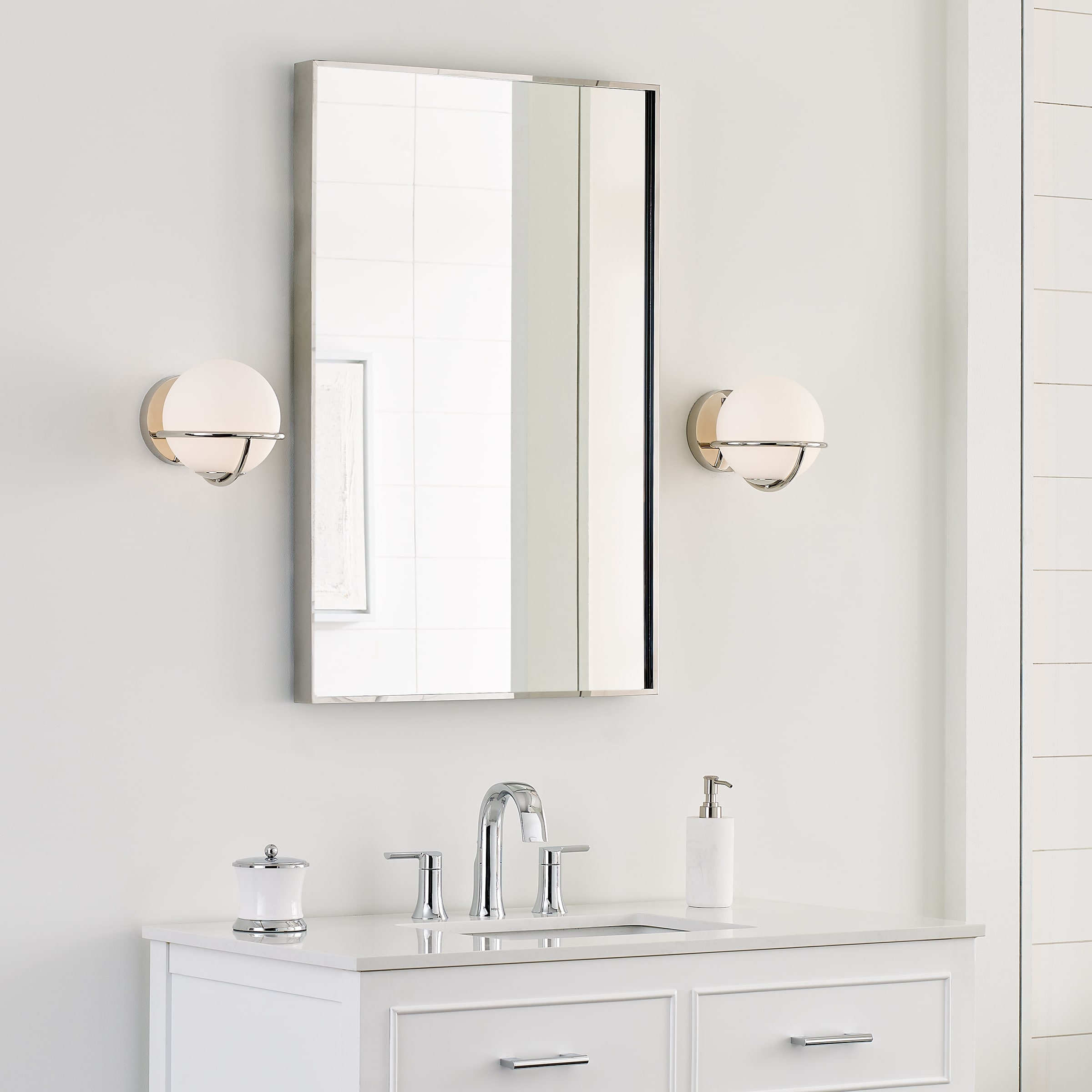 Ellen Crafted Polished Nickel 1-Light Wall Sconce with White Opal Glass