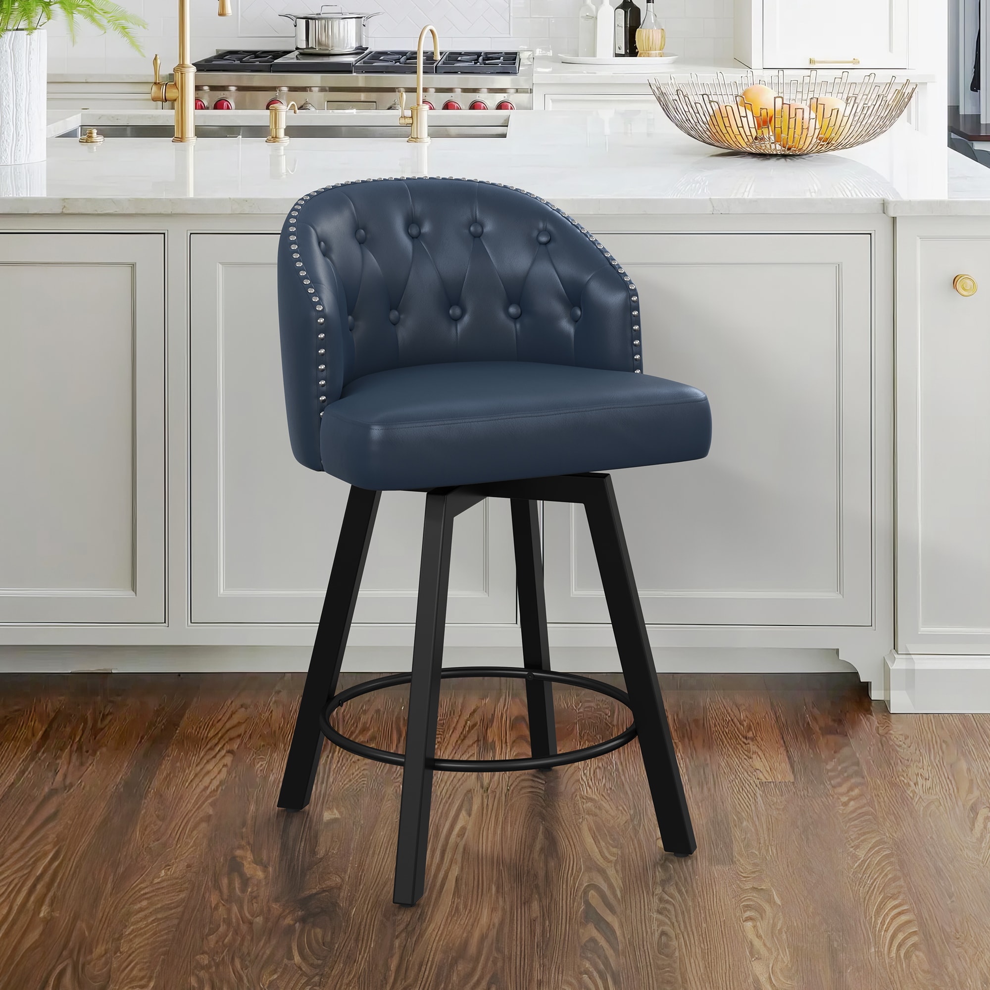 LUE BONA YB-098-03LS Blue/Faux Leather 26.4-in H Counter height (24-in to 27-in) Square Seat Upholstered Swivel Metal Back Bar Stool Back