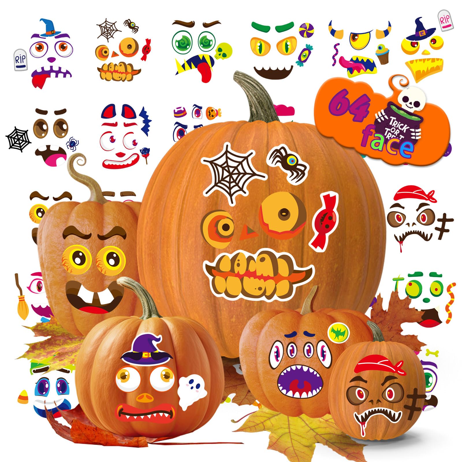 KIWDZFU  64 Pack Halloween Pumpkin Decorating Kit with Funny Face Stickers for Kids and Party Favors durable home and garden