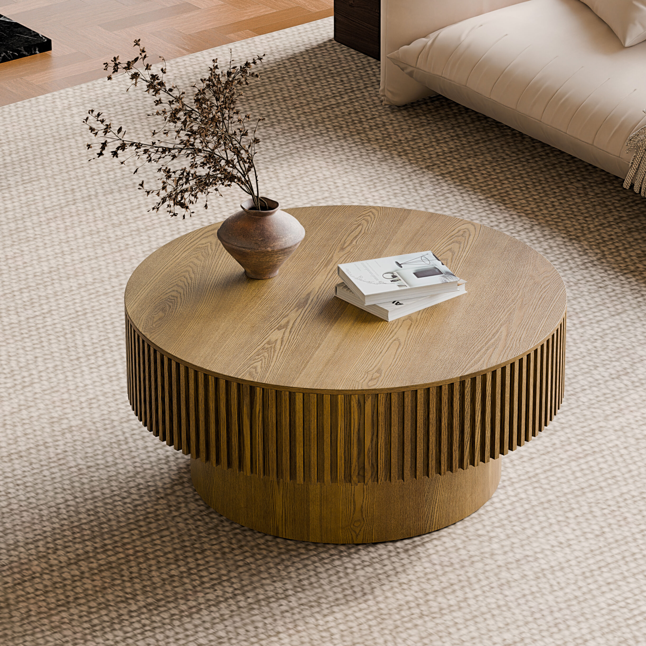 GDFStudio Indoor Modern Wood 31.5 in Round Coffee Table with Fluted Design and Hidden Storage