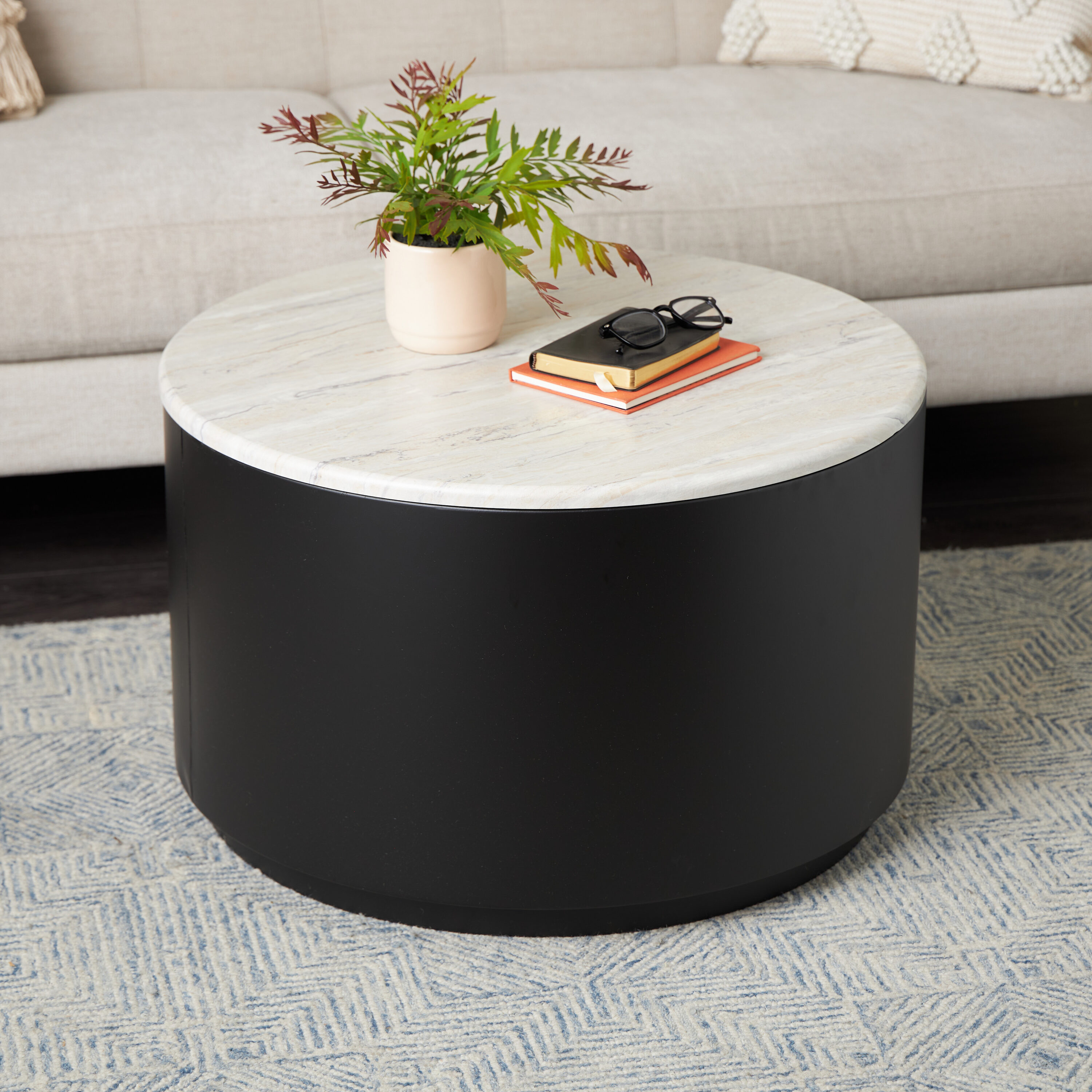 Grayson Lane 822923 Modern Round Stone Black 27.75-in W x 17.13-in H Coffee Table