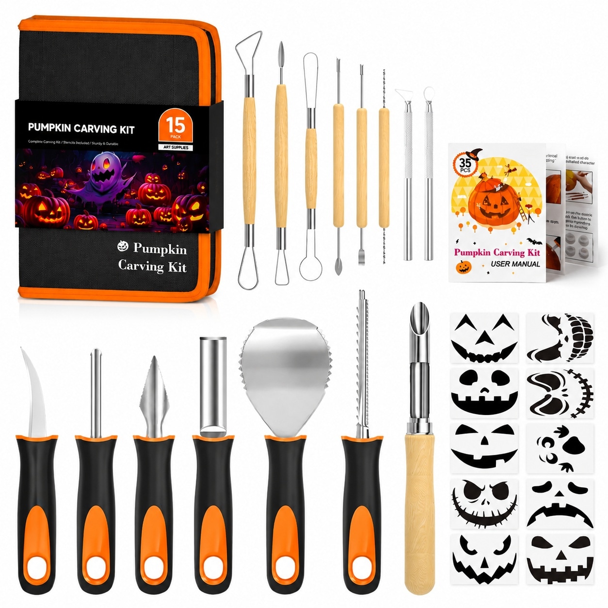 Phewnyzo  25 PCS Halloween Pumpkin Carving Kit with 15 Stainless Steel Tools 10 Pumpkin Stencils and Carrying Case for Kids and Adults