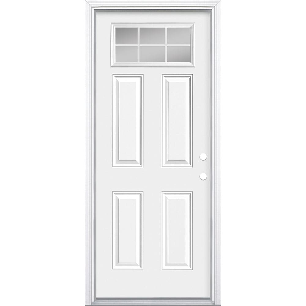 Masonite 1572537 32-in x 80-in x 4-9/16-in Steel 1/4 lite Left-hand inswing Primed white Prehung Front Door with Brickmould Insulating core with Grilles