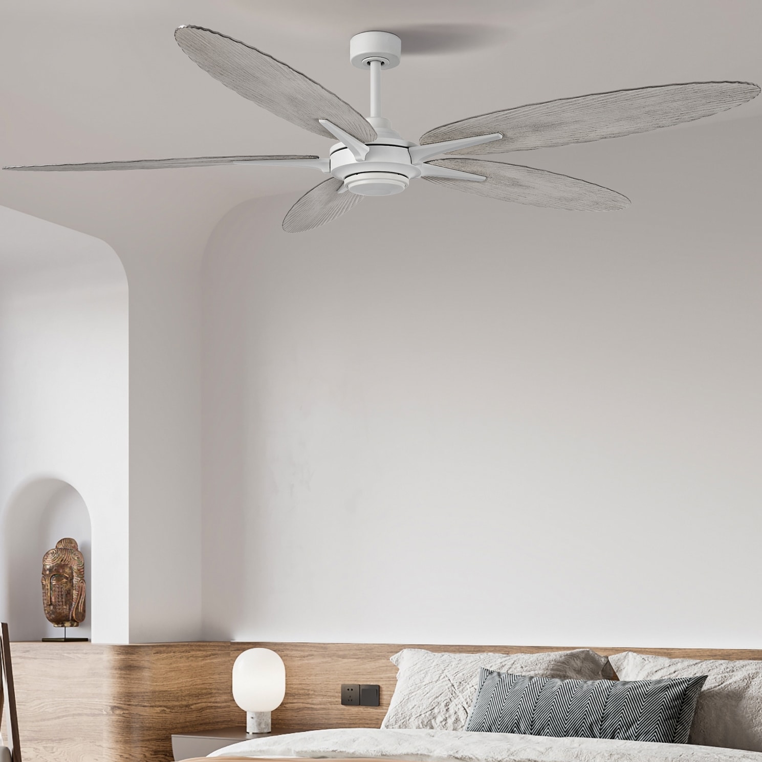 Harbor Breeze AR21A-72MWH Tropic Palm 72-in Outdoor Matte White with White-Washed Oak Blades Ceiling Fan Without Light - Remote Included ( 5 -Blade )