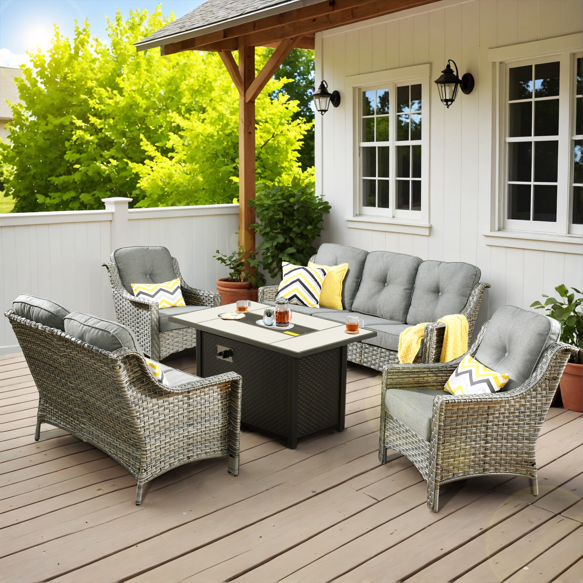 Ovios RFP03PD204 5 -Piece Rattan Patio Sofa Conversation Set with Dark Gray Cushions