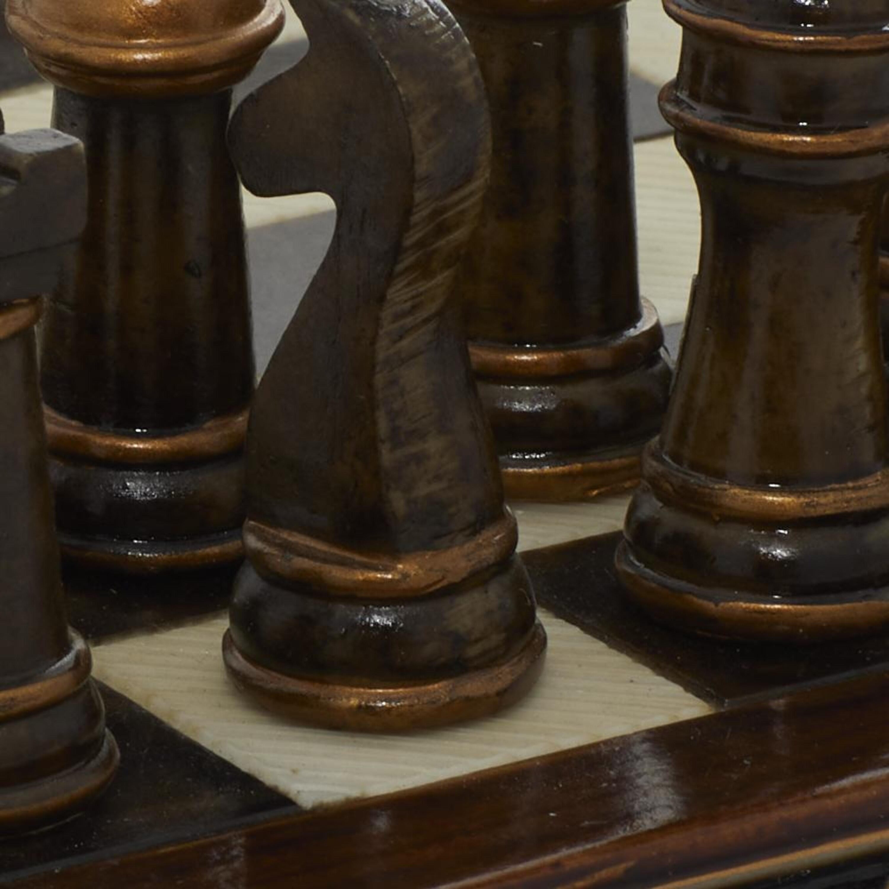 Brown Polystone and Brass Chess Set with Mahogany Finish