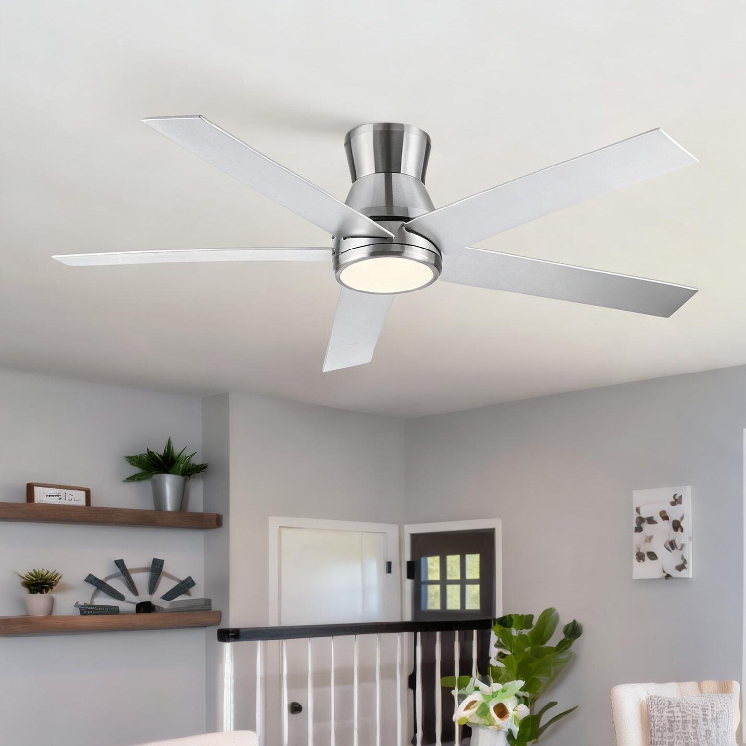 Watnature - 52-Inch Ceiling Fan with Light and Remote - Brushed Nickel Low Profile Blades for Lar...