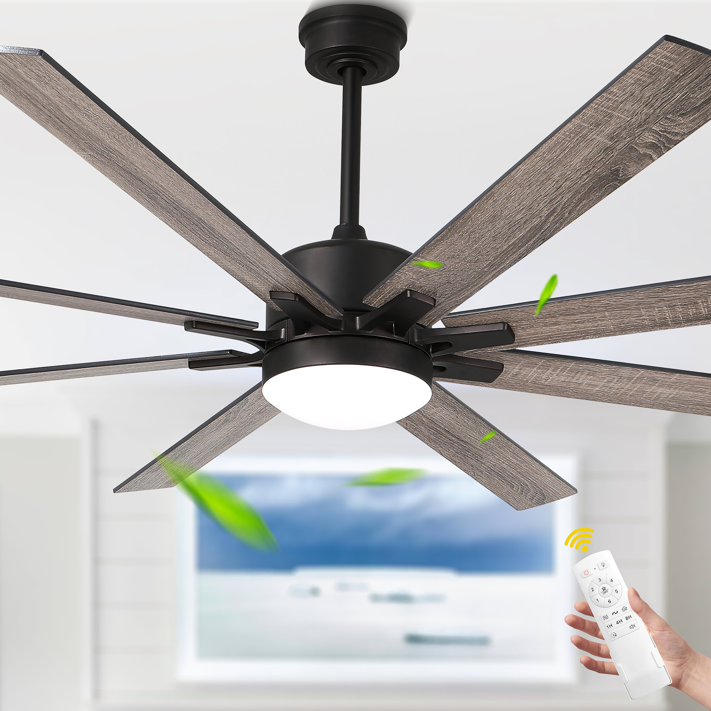 Cusp Barn CS72P08 72-in Color-Changing Integrated LED Black with Wood Blades Chandelier Ceiling Fan With Light - Remote Included ( 8 -Blade )