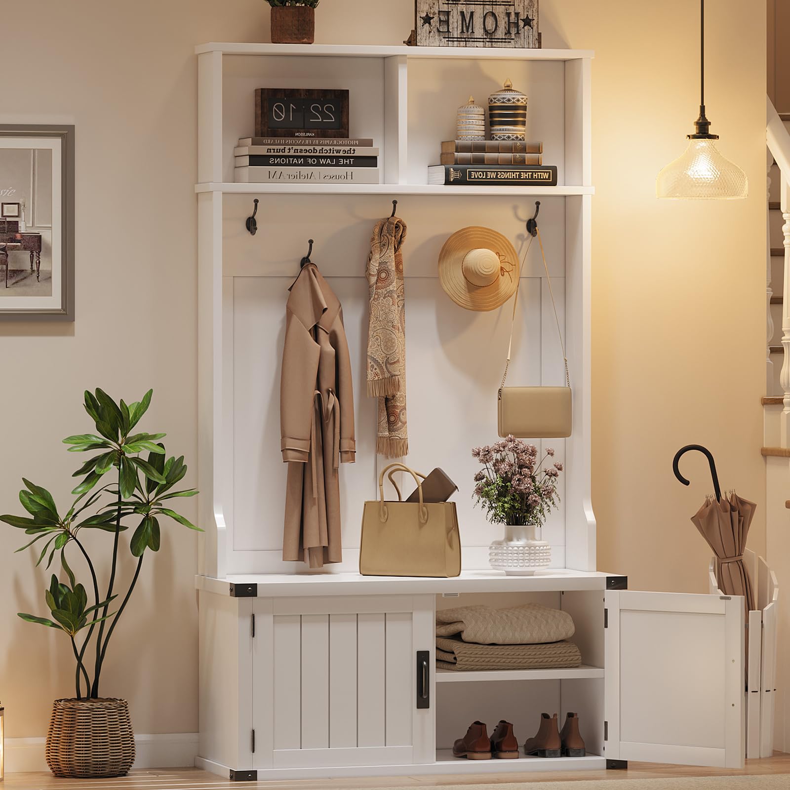 Garvee 76in Hall Tree with Bench and Shoe Storage Farmhouse 4 in 1 Entryway with Coat Rack and 5 Tri Hooks Adjustable Shelf White Mudroom Bench with Storage Seating Space Saving White
