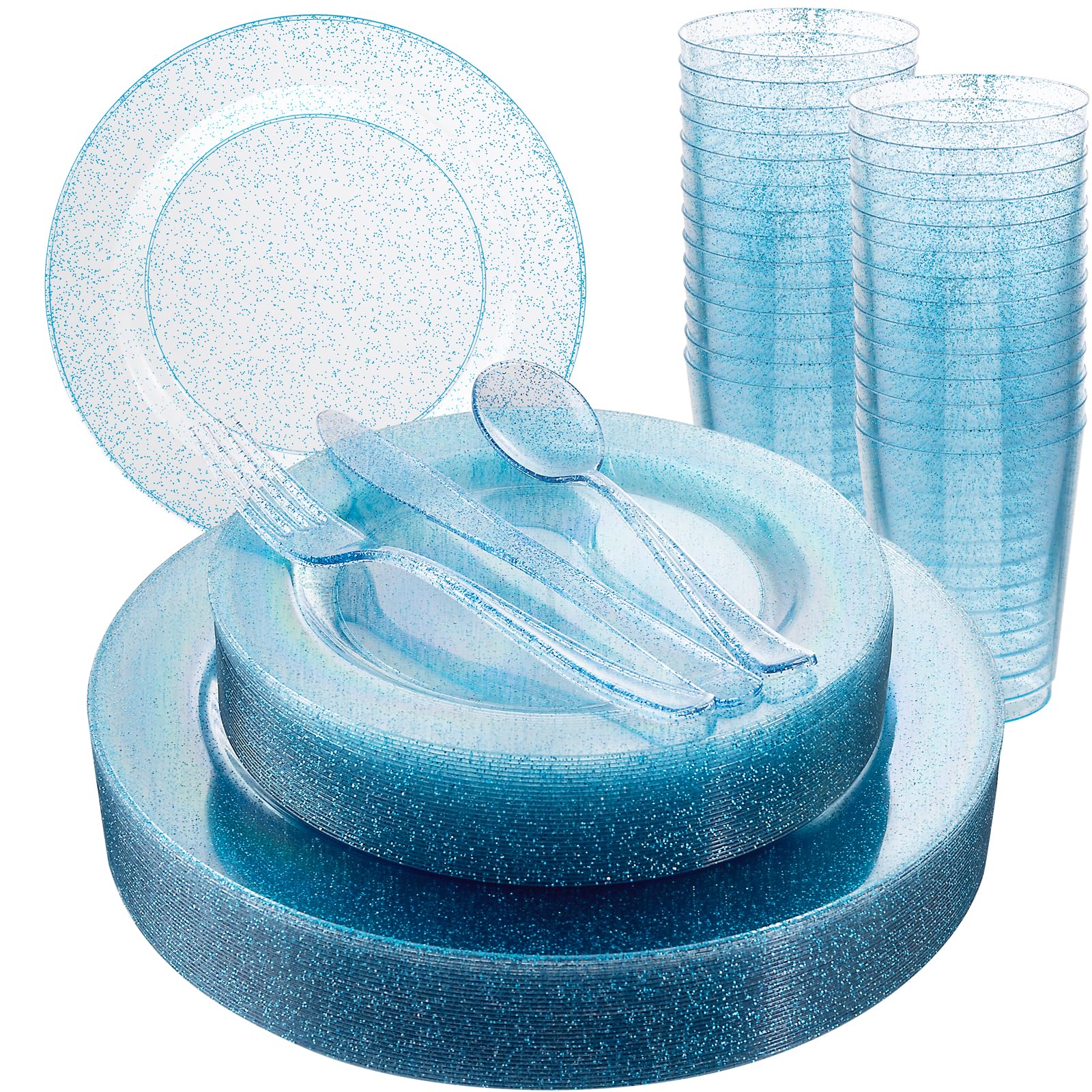 Aoibox  180 Piece Blue Glitter Disposable Plastic Dinnerware Set for 30 Guests with Plates Cutlery and Cups
