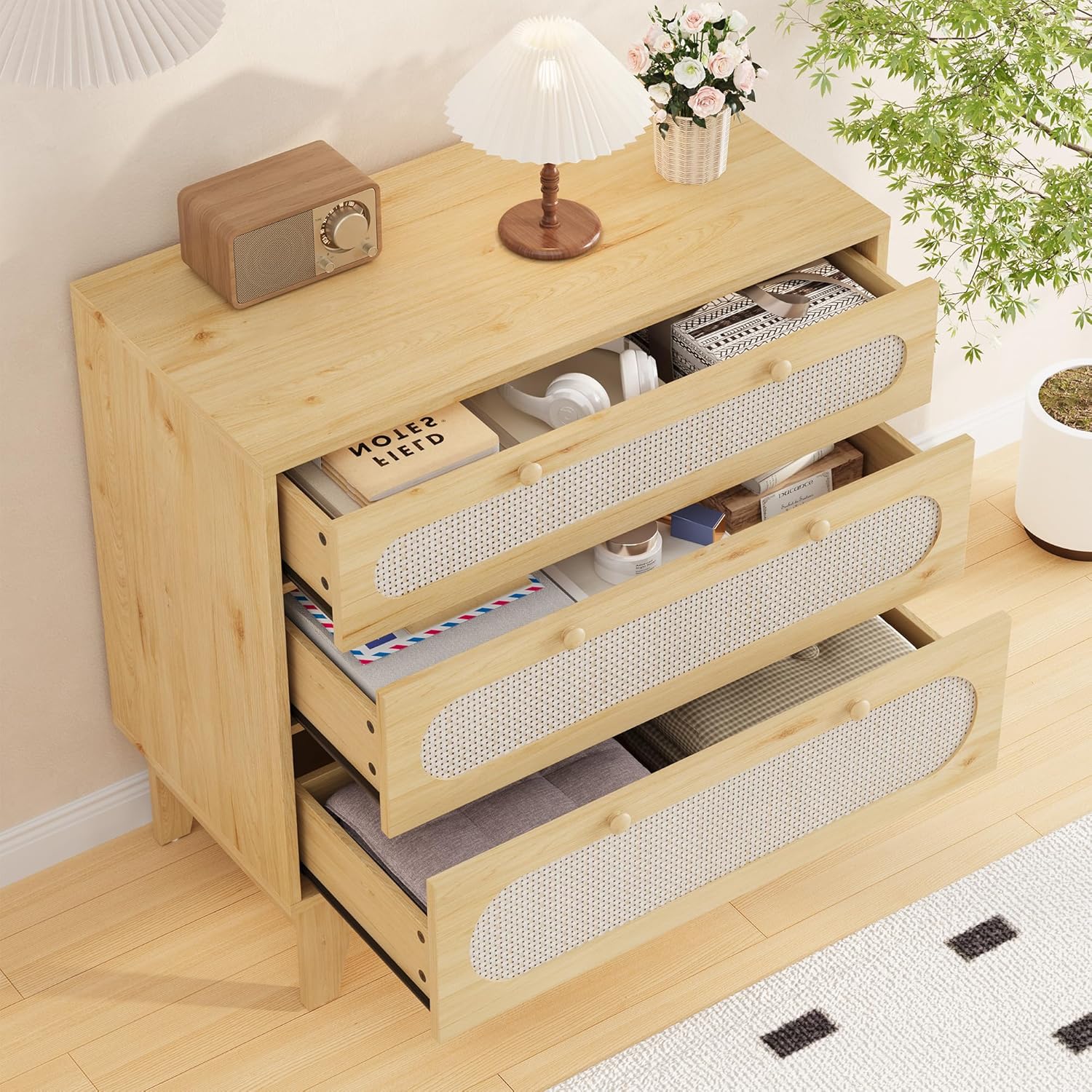 Qeetex GG-W546F064 Rattan 3 Drawer Dresser for Bedroom Natural Modern Closet Dresser with Wooden Handles and Legs Equipped with Anti Tip Kits Natural