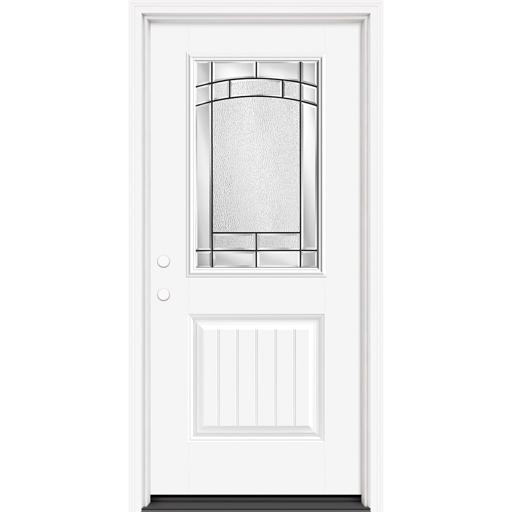 Masonite 643030 M Protect 36-in x 80-in x 4-9/16-in Fiberglass Half lite Right-hand inswing Primed Painted Prehung Front Door with Brickmould Insulating core