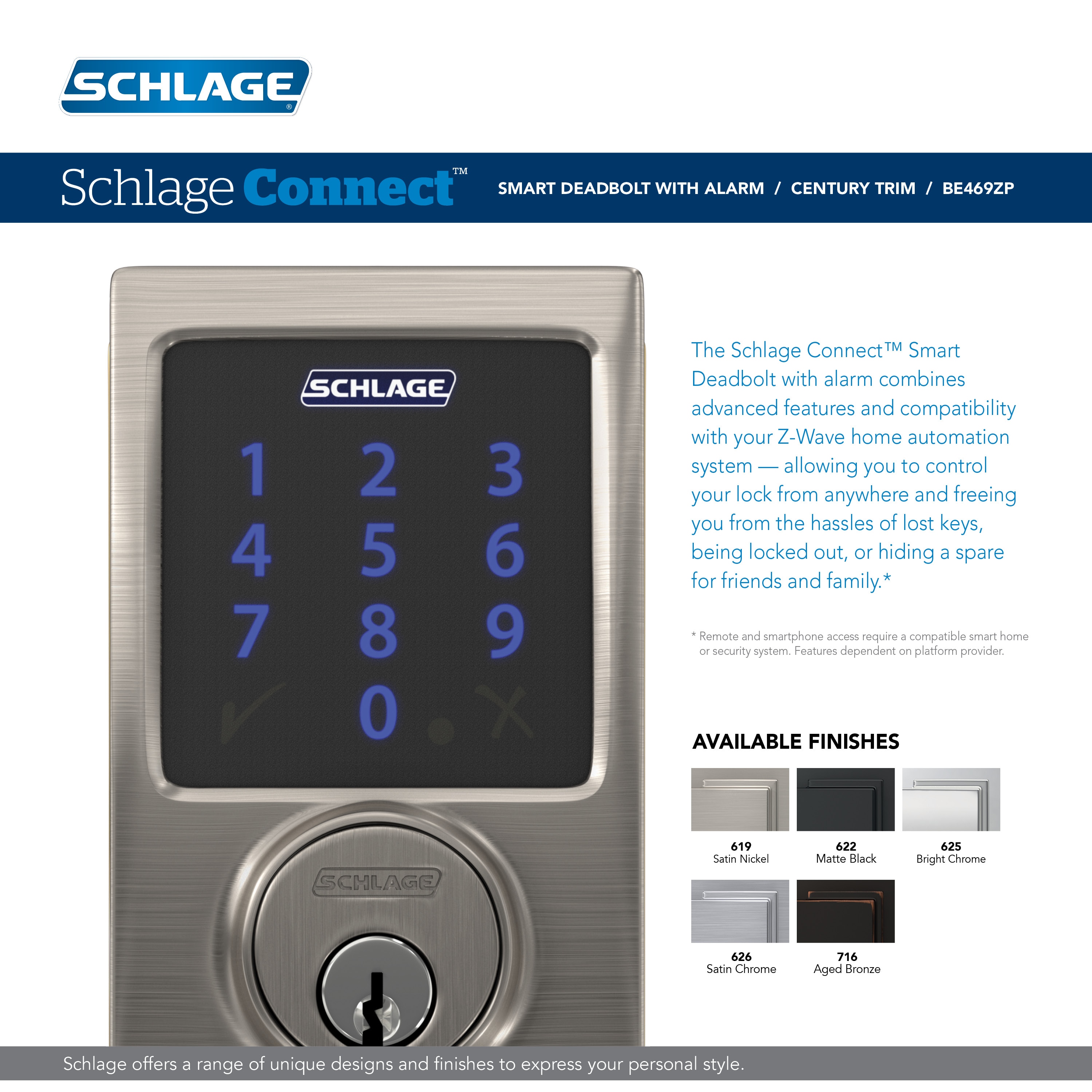 Schlage Connect Century Polished Chrome Single Cylinder Electronic Deadbolt  Built-In Z-wave Lighted Keypad Touchscreen Smart Lock at