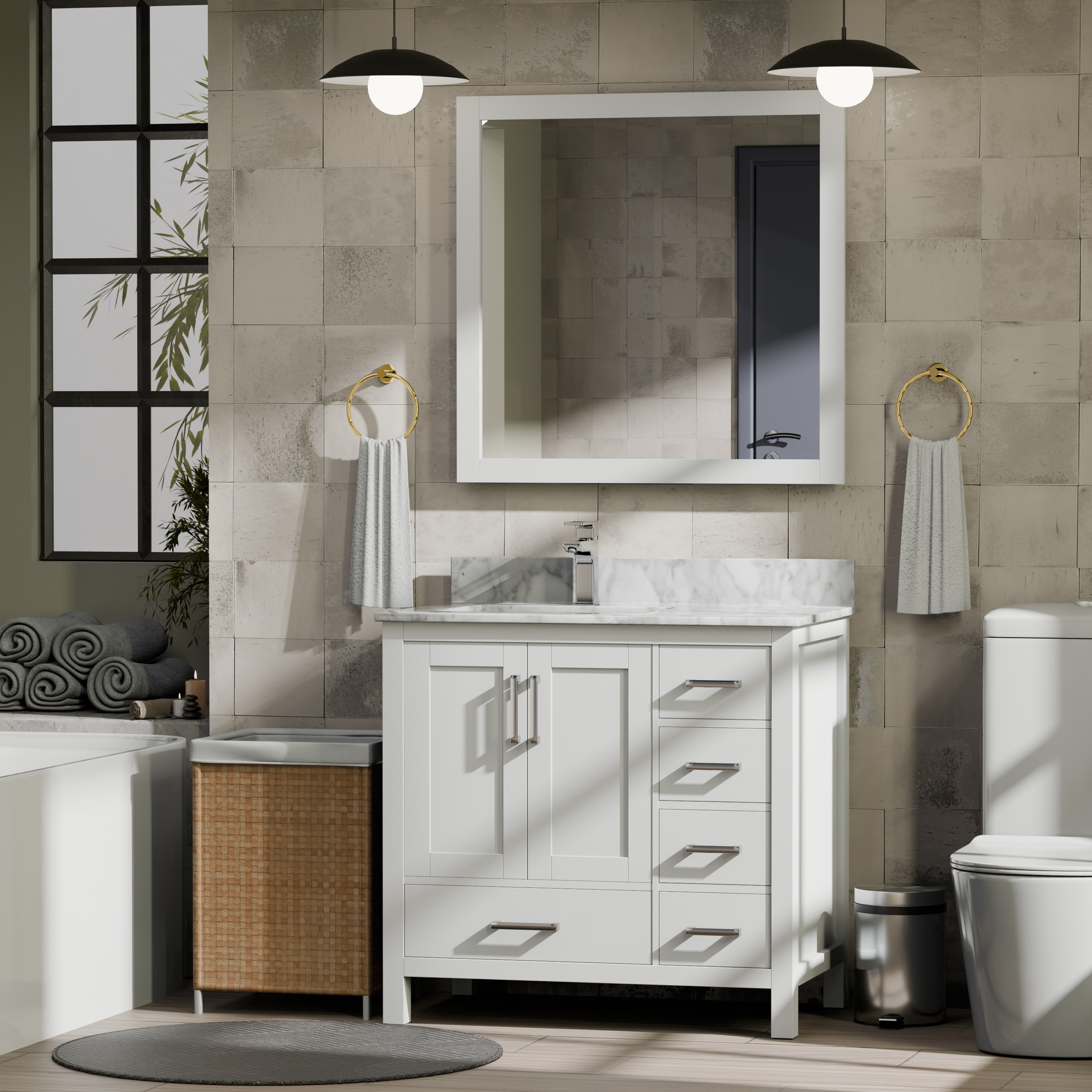 Lexora LJ342236SADSM34FL Jacques 36-in White Undermount Single Sink Bathroom Vanity with White Carrara Marble Marble Top (Mirror Included) (Faucet Included)